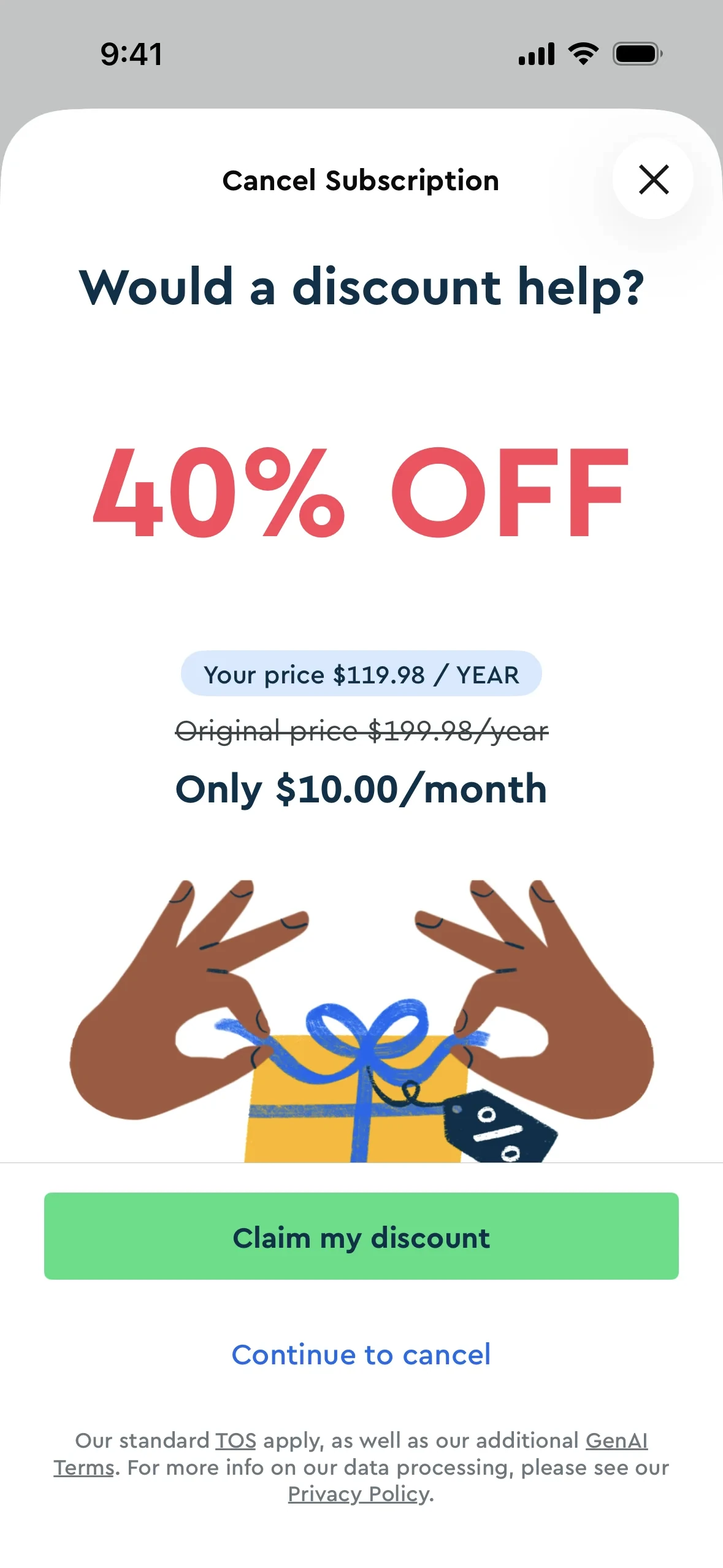 Blinkist Cancel Subscription screen offering 40% off, your price $119.98 per year with the original $199.98 per year price struck through, a green Claim my discount button, and a Continue to cancel link