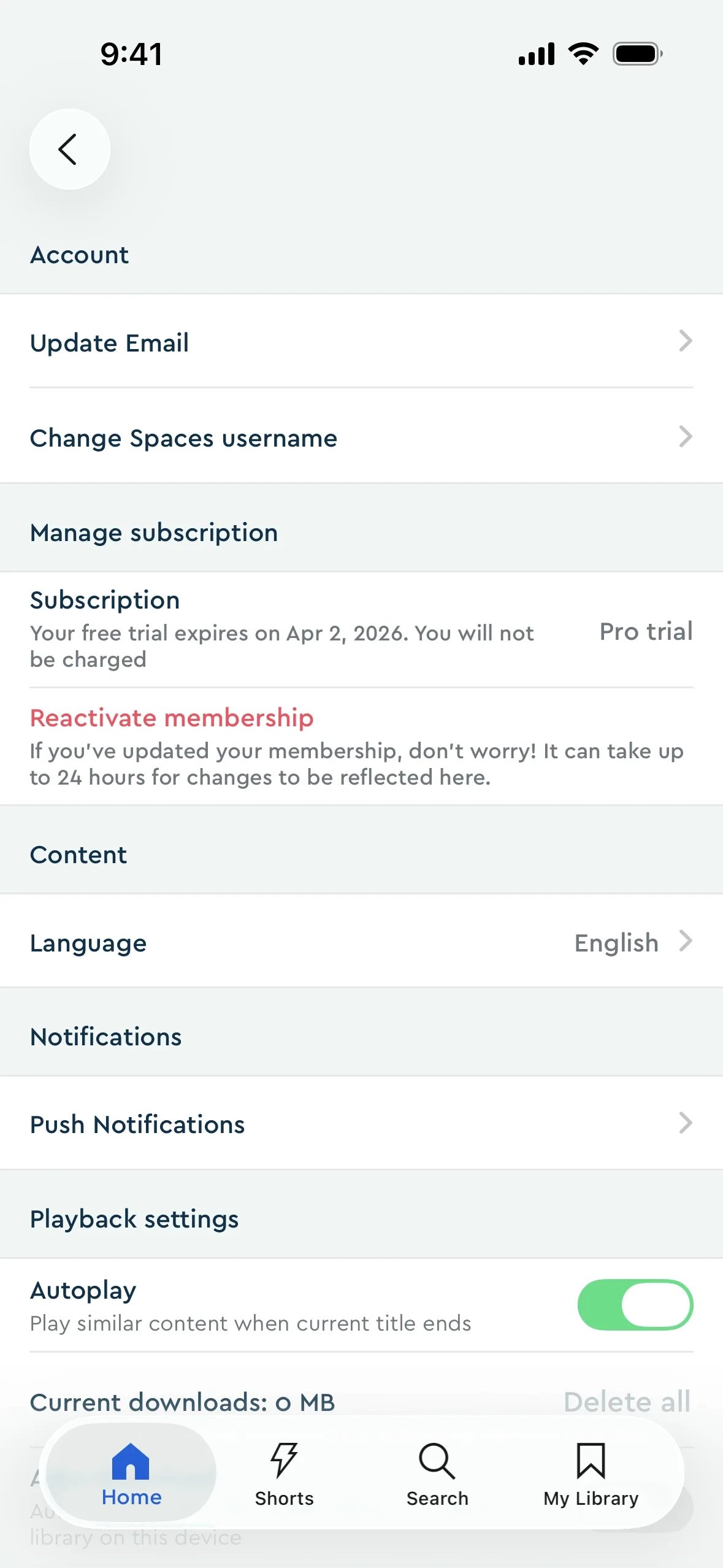 Blinkist Settings after cancellation showing Your free trial expires on Apr 2, 2026, You will not be charged, and a red Reactivate membership link