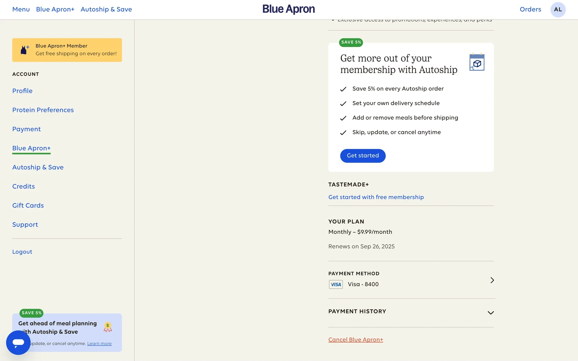 Blue Apron+ account page showing the Monthly $9.99/month plan, renewal date, payment method, and the orange Cancel Blue Apron+ link at the bottom