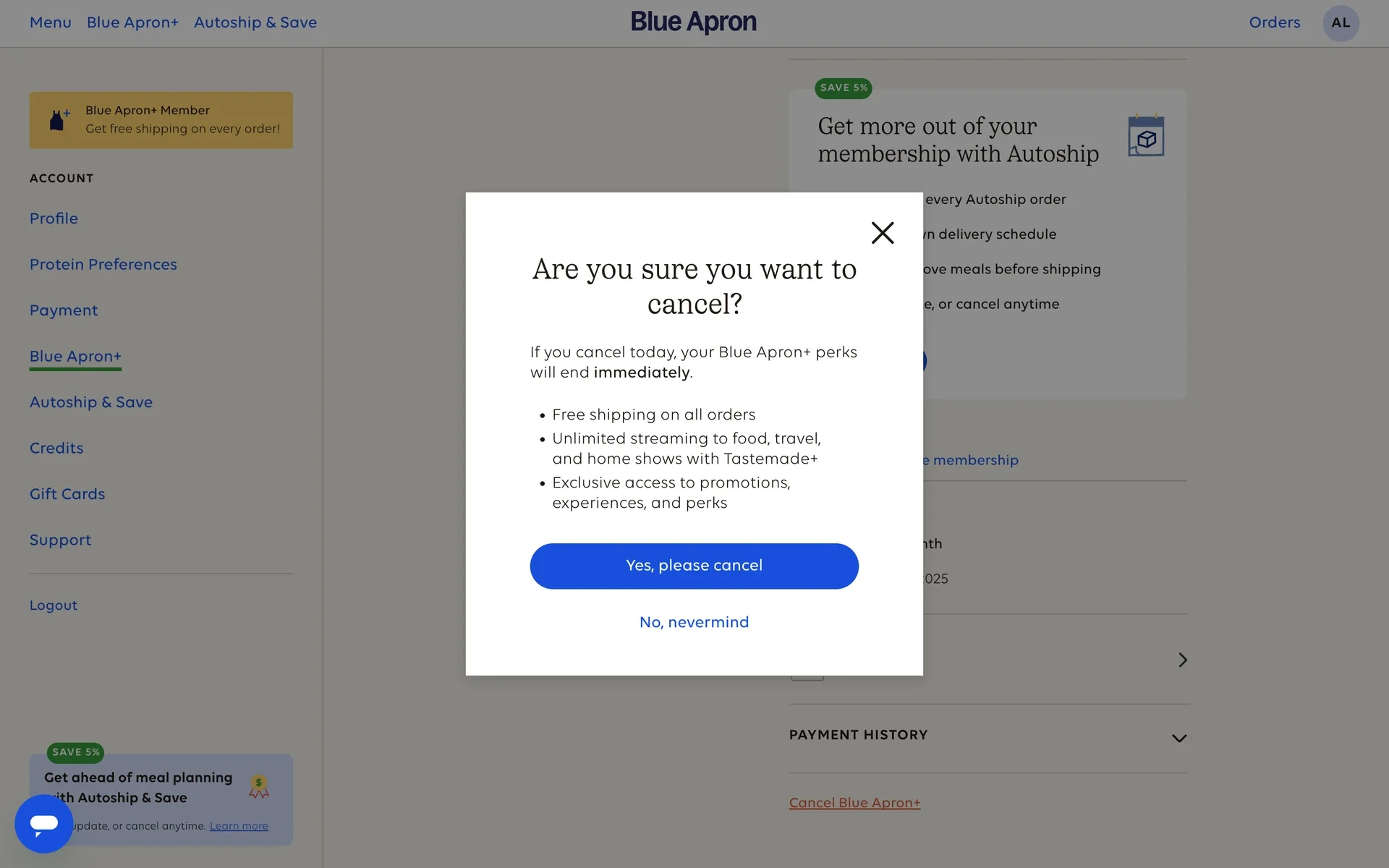 Blue Apron+ cancellation confirmation modal warning that perks end immediately, with Yes please cancel and No nevermind buttons