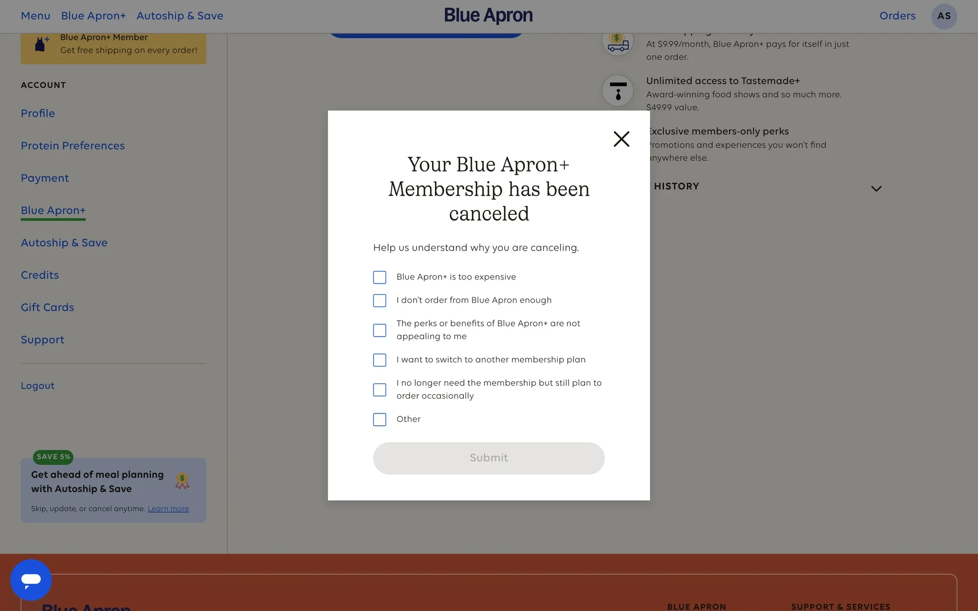 Blue Apron+ post-cancellation survey with six reason checkboxes and a Submit button, none selected