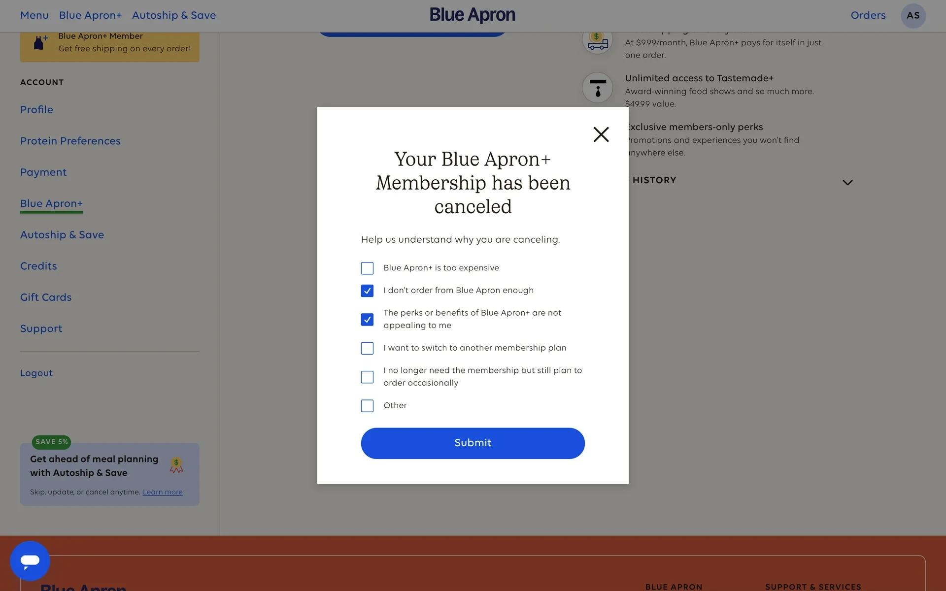 Blue Apron+ cancellation survey with two reasons checked and the Submit button now active in blue