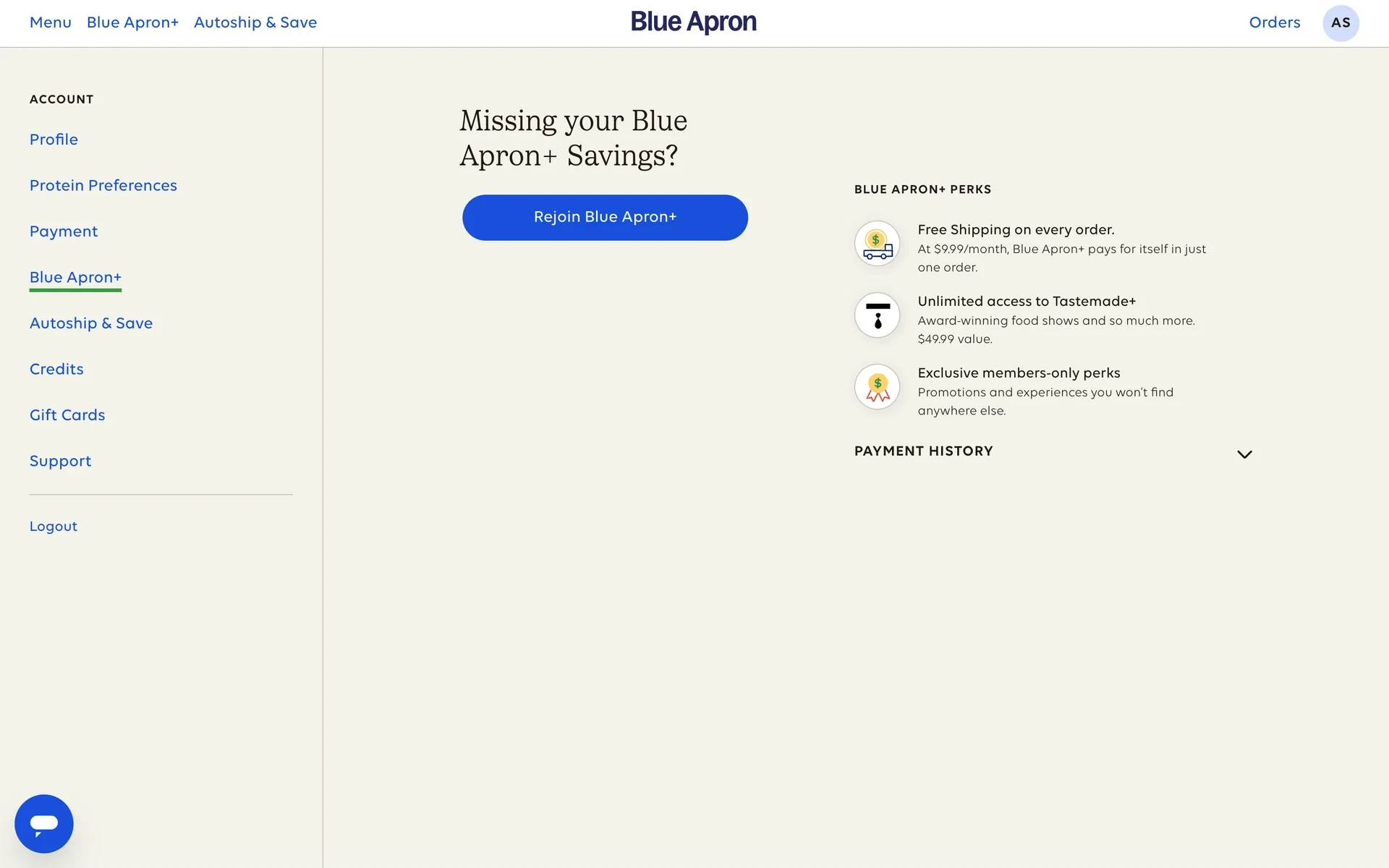 Blue Apron+ Missing your savings screen with a Rejoin Blue Apron+ button and a list of the perks lost, confirming the membership is canceled
