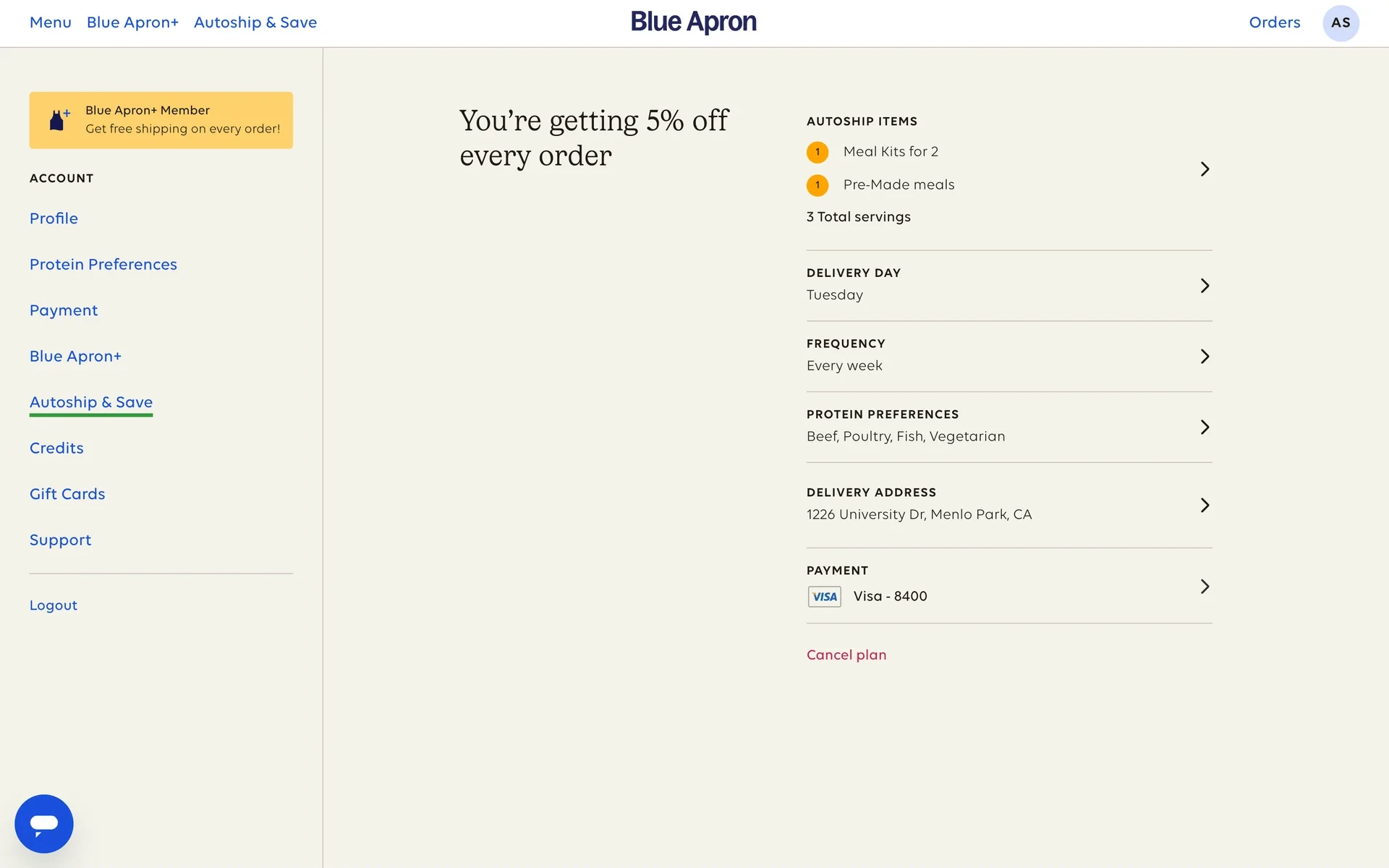 Blue Apron Autoship & Save page showing the plan items, delivery day, frequency, payment, and a red Cancel plan link at the bottom of the summary card