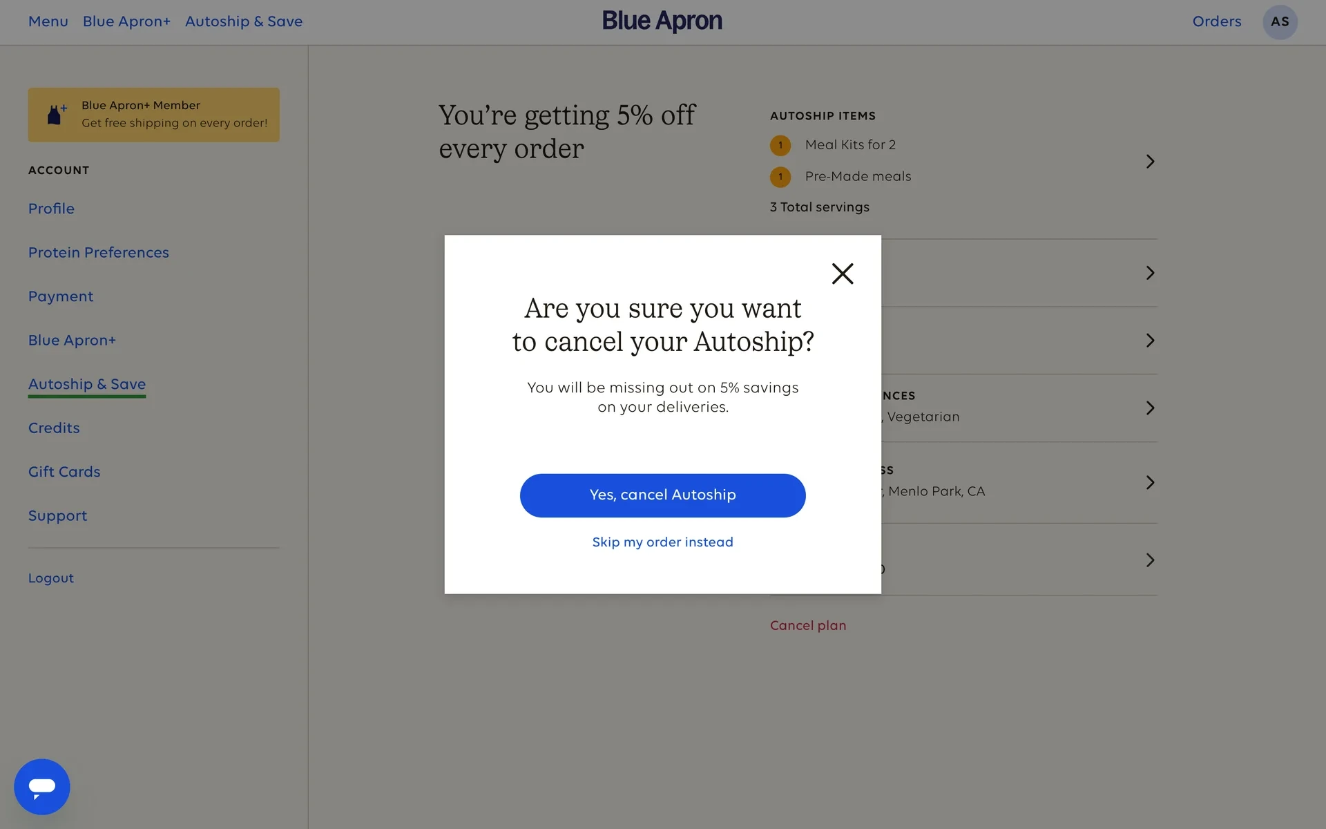Blue Apron confirmation modal reading Are you sure you want to cancel your Autoship with a blue Yes, cancel Autoship button and a Skip my order instead link