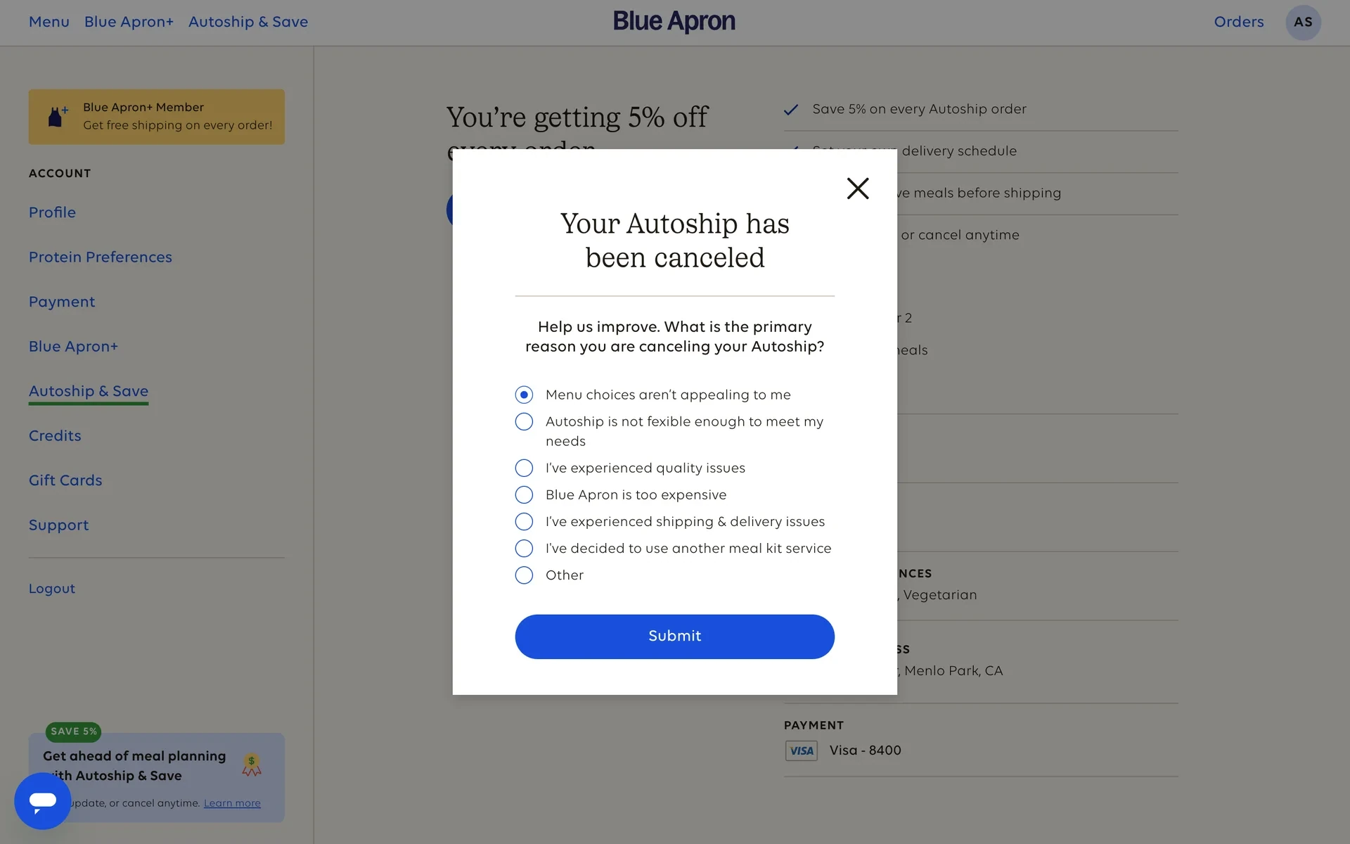 Blue Apron post-cancellation survey titled Your Autoship has been canceled asking the primary reason for canceling with radio options and a Submit button