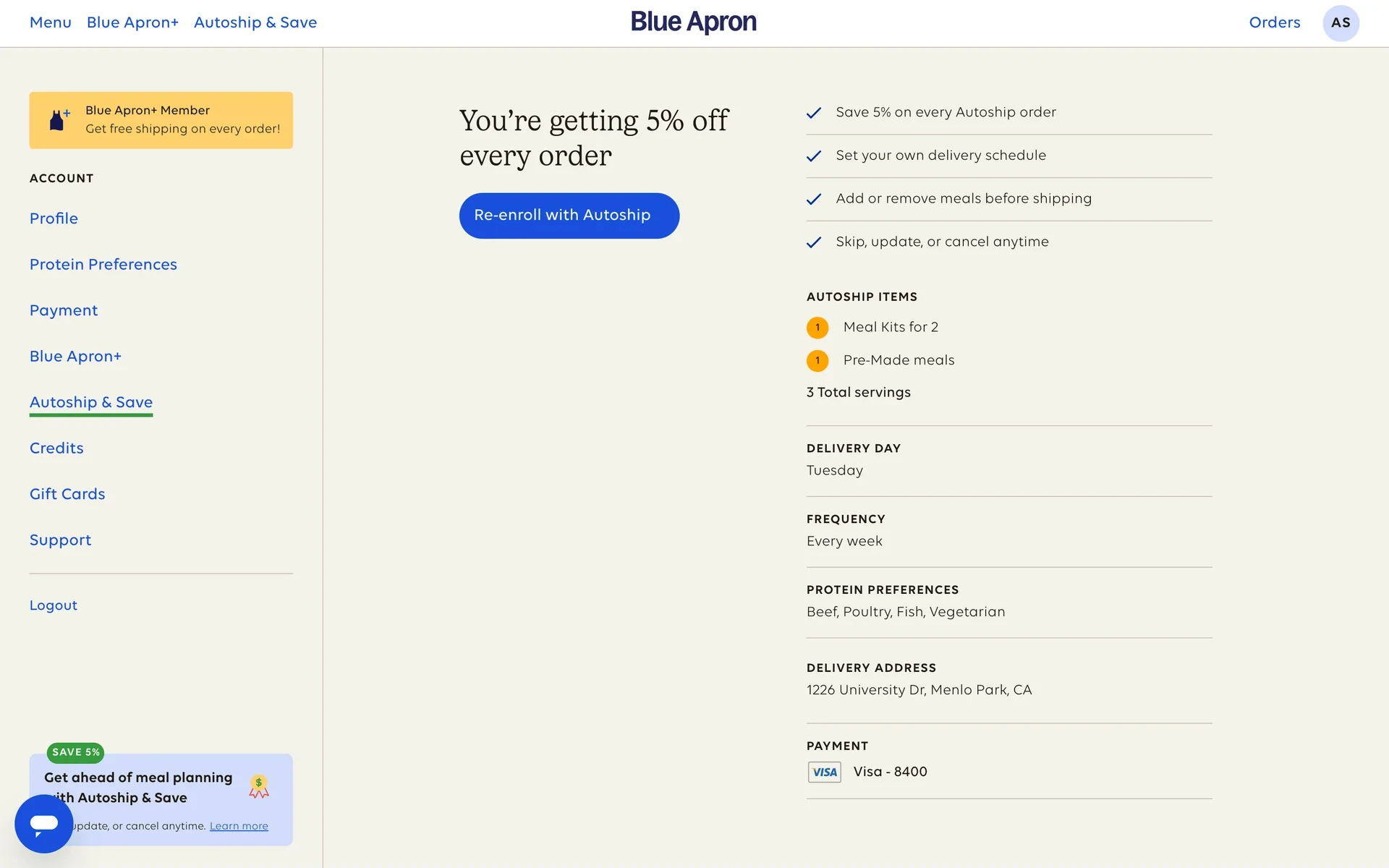 Blue Apron Autoship & Save page after cancellation showing a Re-enroll with Autoship button and the Autoship benefits checklist