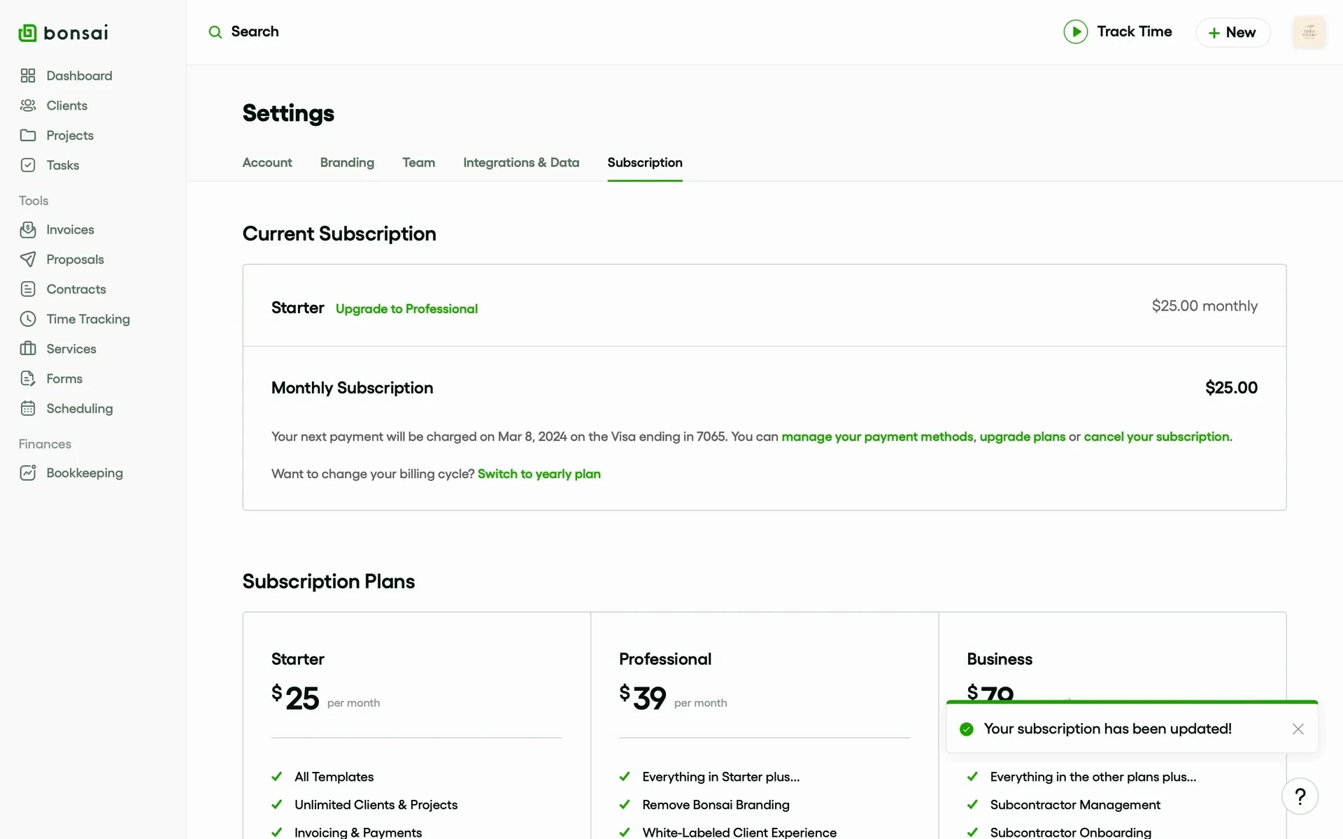 Bonsai Settings → Subscription page; the Current Subscription summary text includes a green "cancel your subscription" link alongside "manage your payment methods" and "upgrade plans"