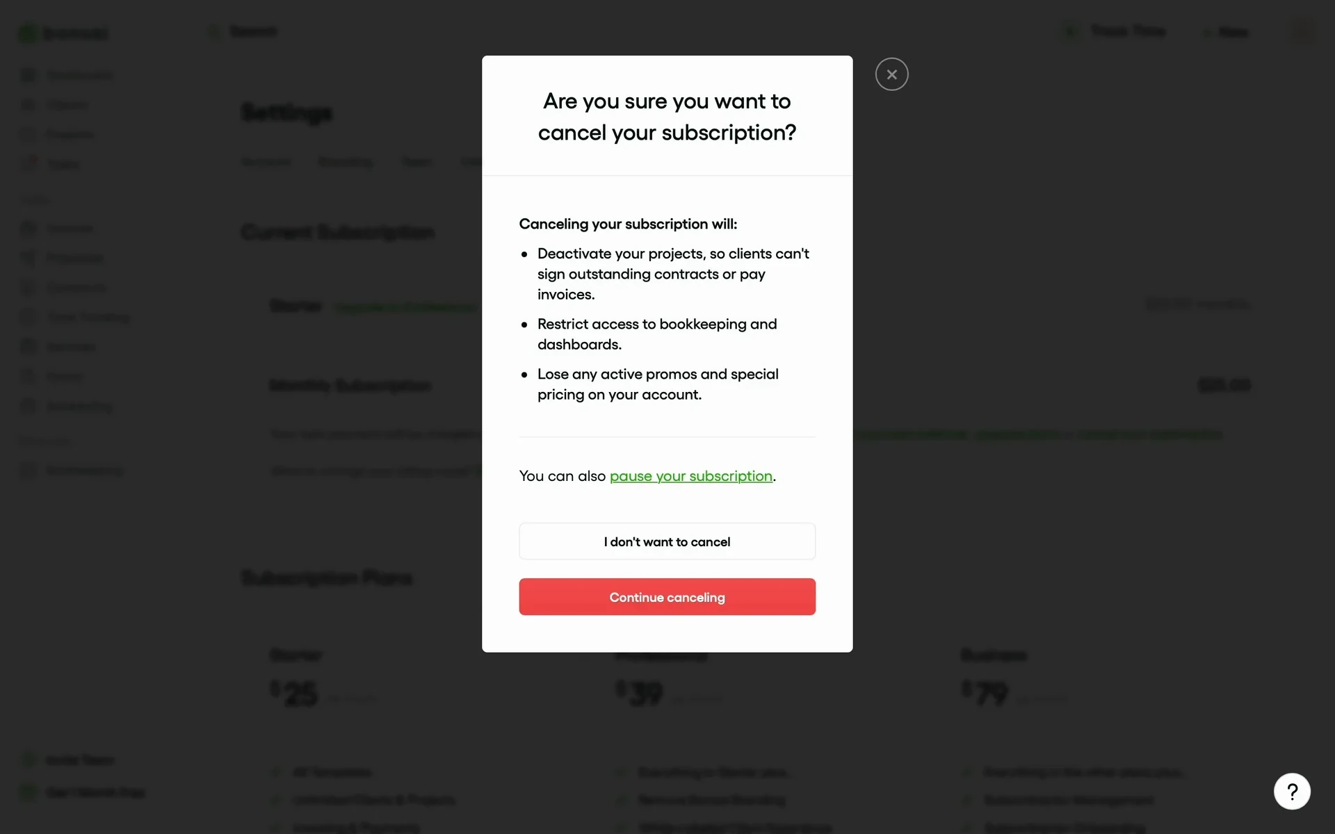Bonsai "Are you sure you want to cancel your subscription?" modal listing consequences, a "pause your subscription" link, and two buttons: "I don't want to cancel" and "Continue canceling"