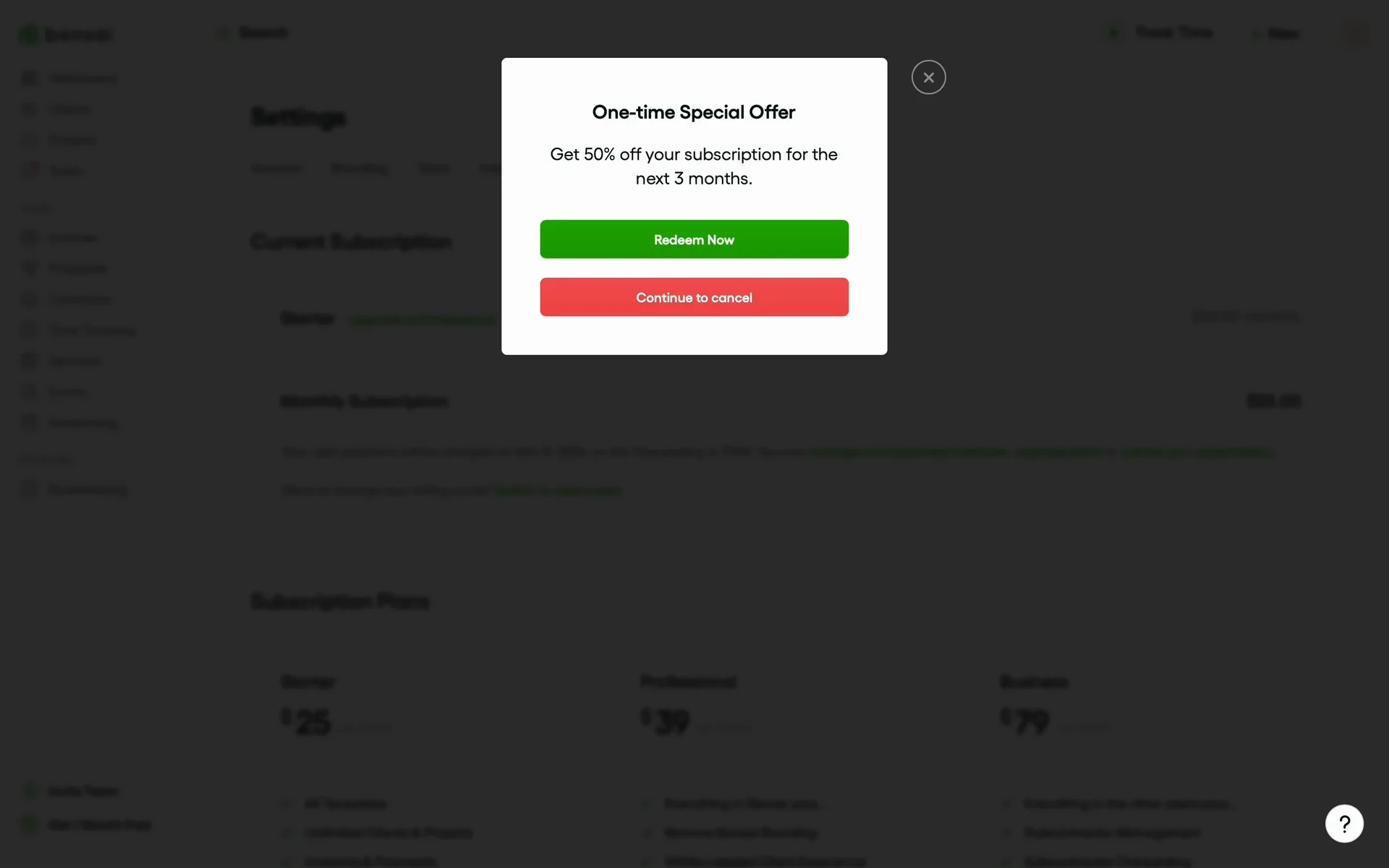Bonsai "One-time Special Offer: Get 50% off your subscription for the next 3 months" modal with a green "Redeem Now" button and a red "Continue to cancel" button