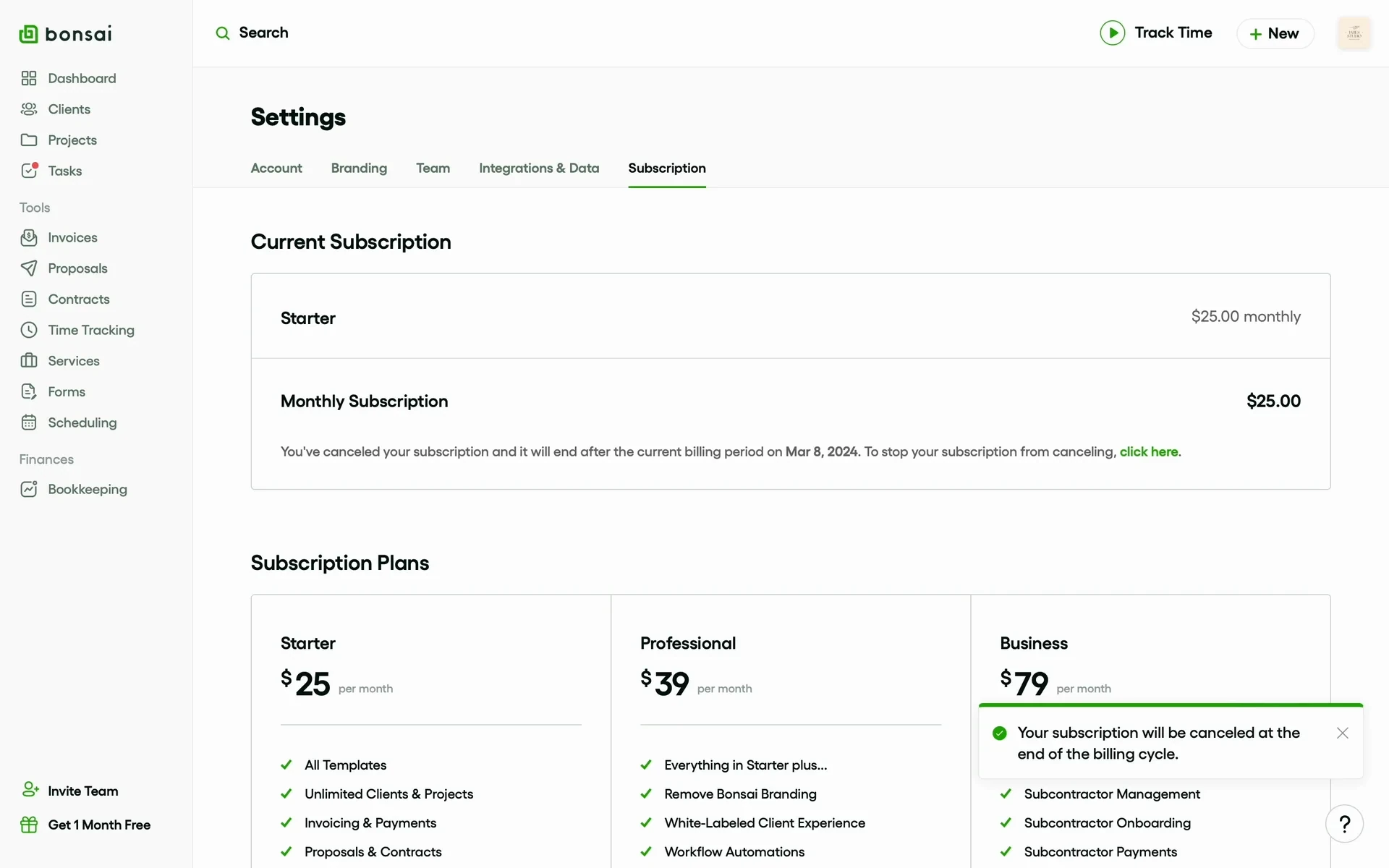 Bonsai Subscription page banner stating the subscription is canceled and will end after the current billing period, with a "click here" link to stop the cancellation