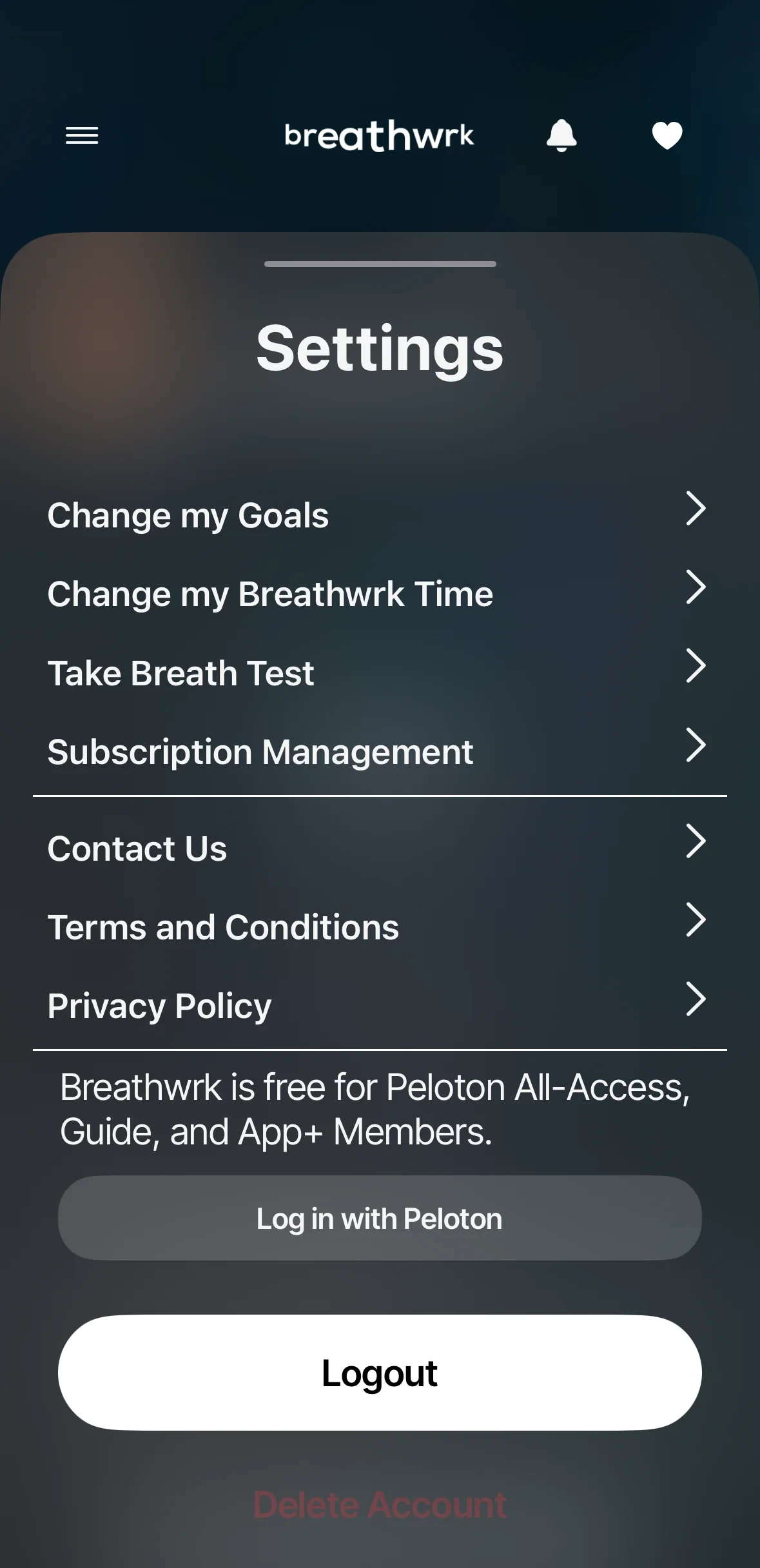 Breathwrk iOS Settings drawer listing Change my Goals, Change my Breathwrk Time, Take Breath Test, Subscription Management, Contact Us, Terms and Conditions, and Privacy Policy, with a Log in with Peloton button and Logout and red Delete Account controls below