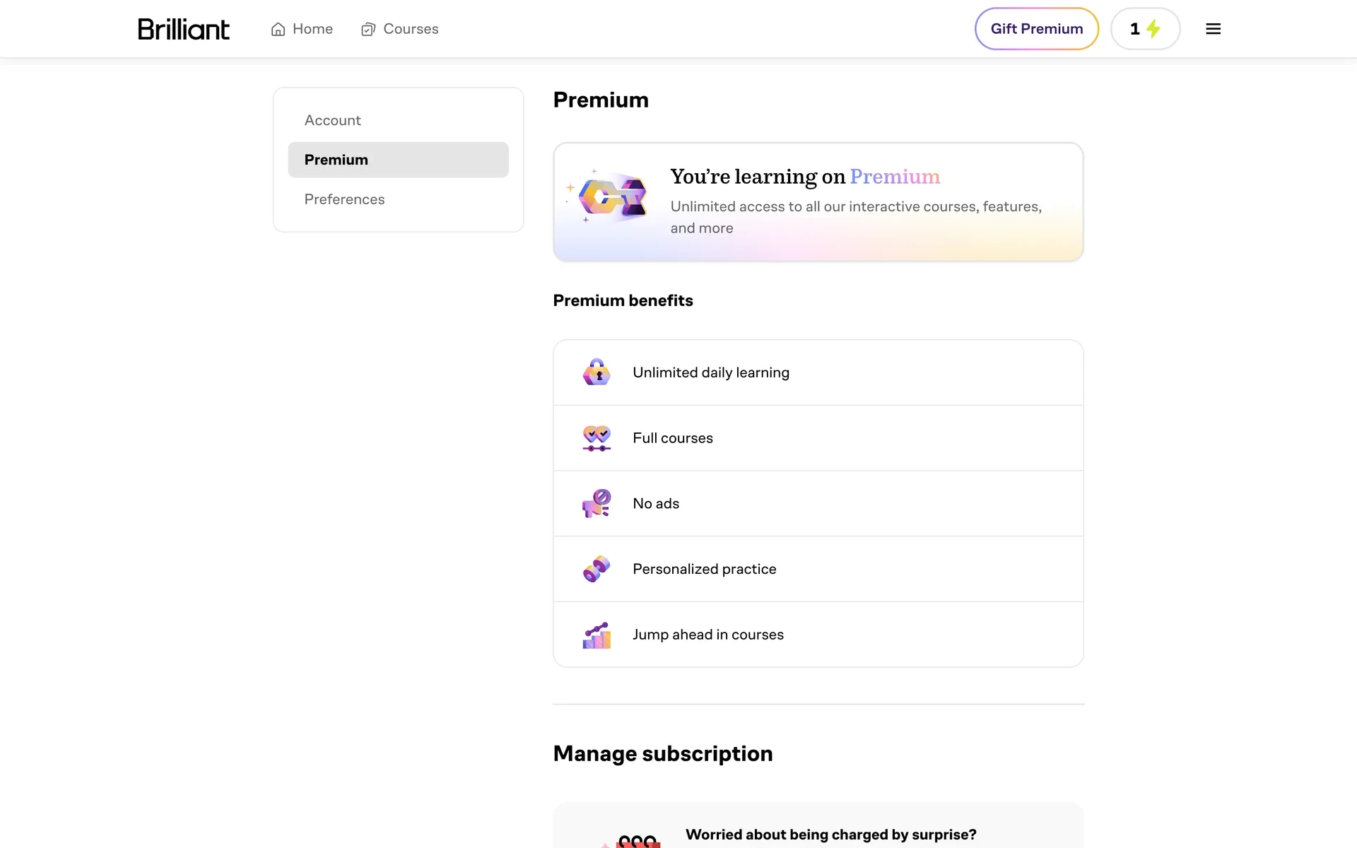 Brilliant Account page with Premium selected in the left sidebar, showing a "You're learning on Premium" banner and a Premium benefits list (Unlimited daily learning, Full courses, No ads, Personalized practice, Jump ahead in courses)