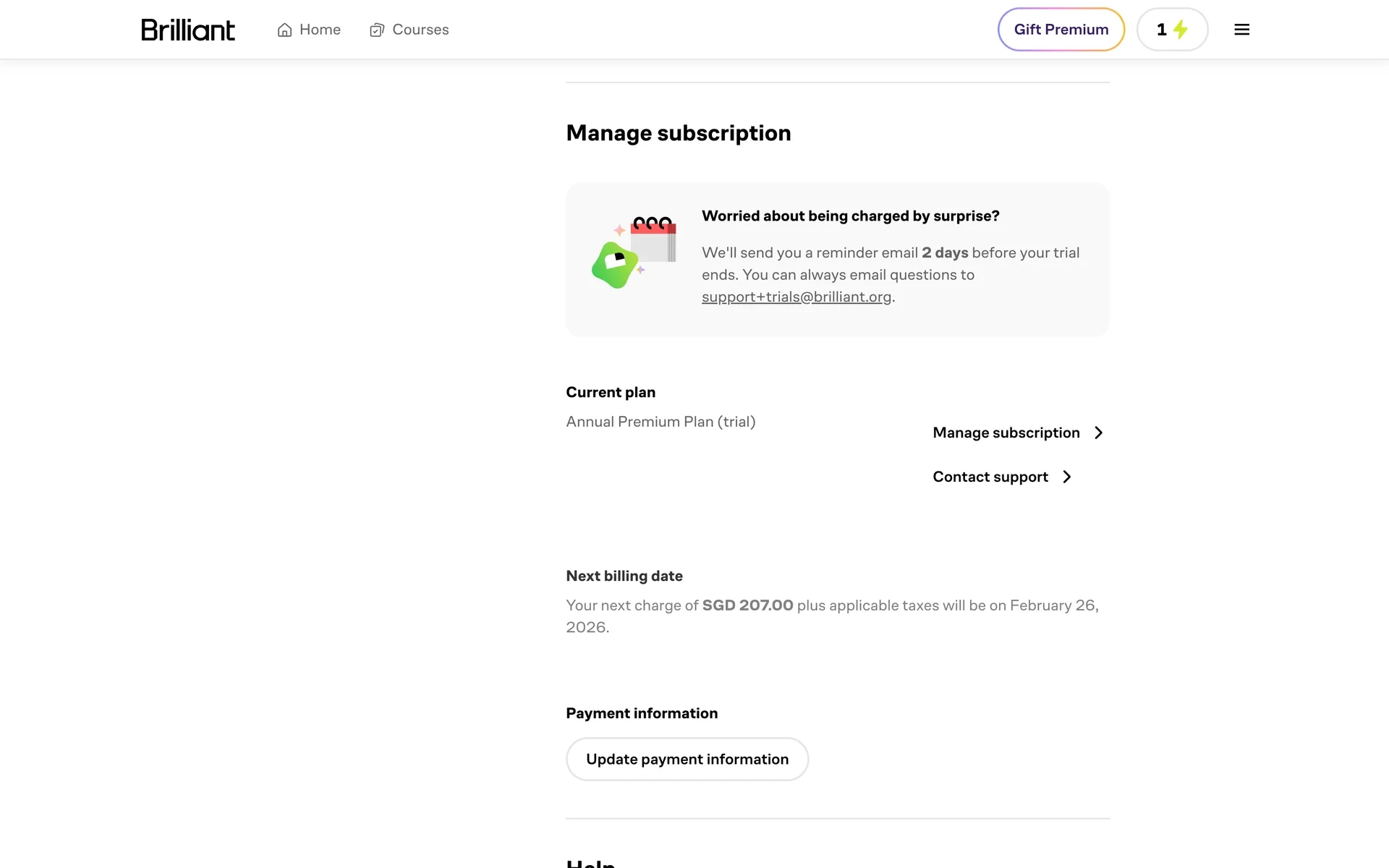 Brilliant Manage subscription section showing a "Worried about being charged by surprise?" notice, the Current plan (Annual Premium Plan), a Manage subscription link, Contact support, the next billing date and amount, and an Update payment information button