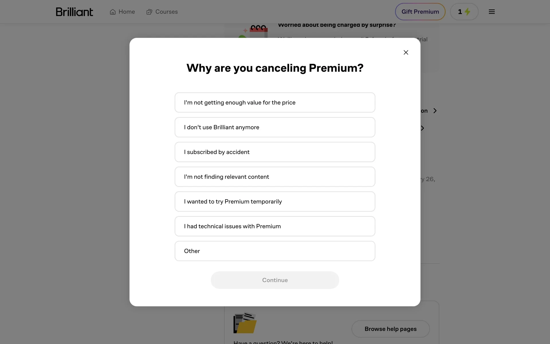 Brilliant "Why are you canceling Premium?" survey listing seven reason options as tappable rows, with a grayed-out Continue button at the bottom