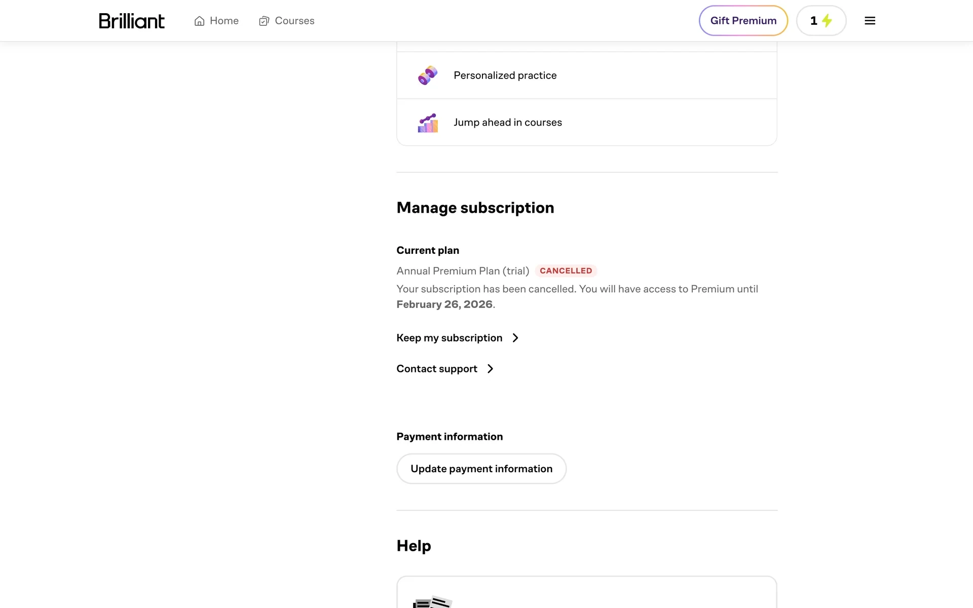 Brilliant Manage subscription section after cancellation, with the Current plan marked CANCELLED, the message "Your subscription has been cancelled. You will have access to Premium until February 26, 2026", and Keep my subscription and Contact support links