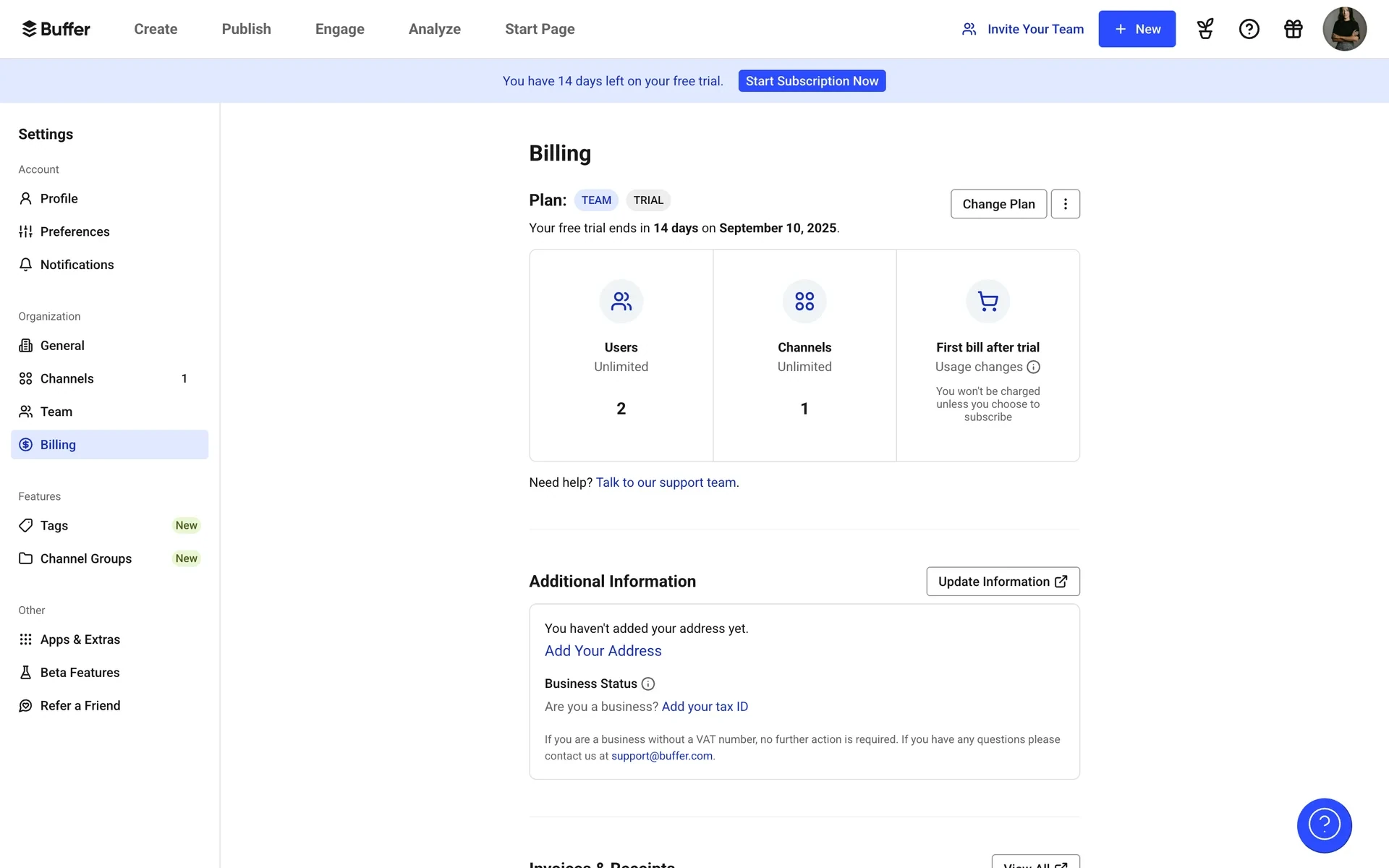 Buffer Billing page showing the current Team plan, Users and Channels counts, and the Change Plan button with a three-dot menu