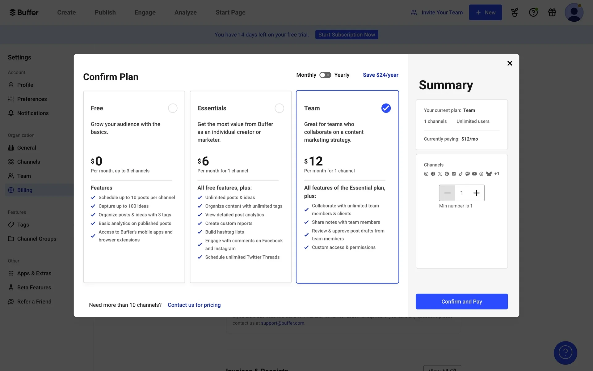 Buffer Confirm Plan modal showing Free, Essentials, and Team cards with a Monthly/Yearly toggle and a Summary panel on the right