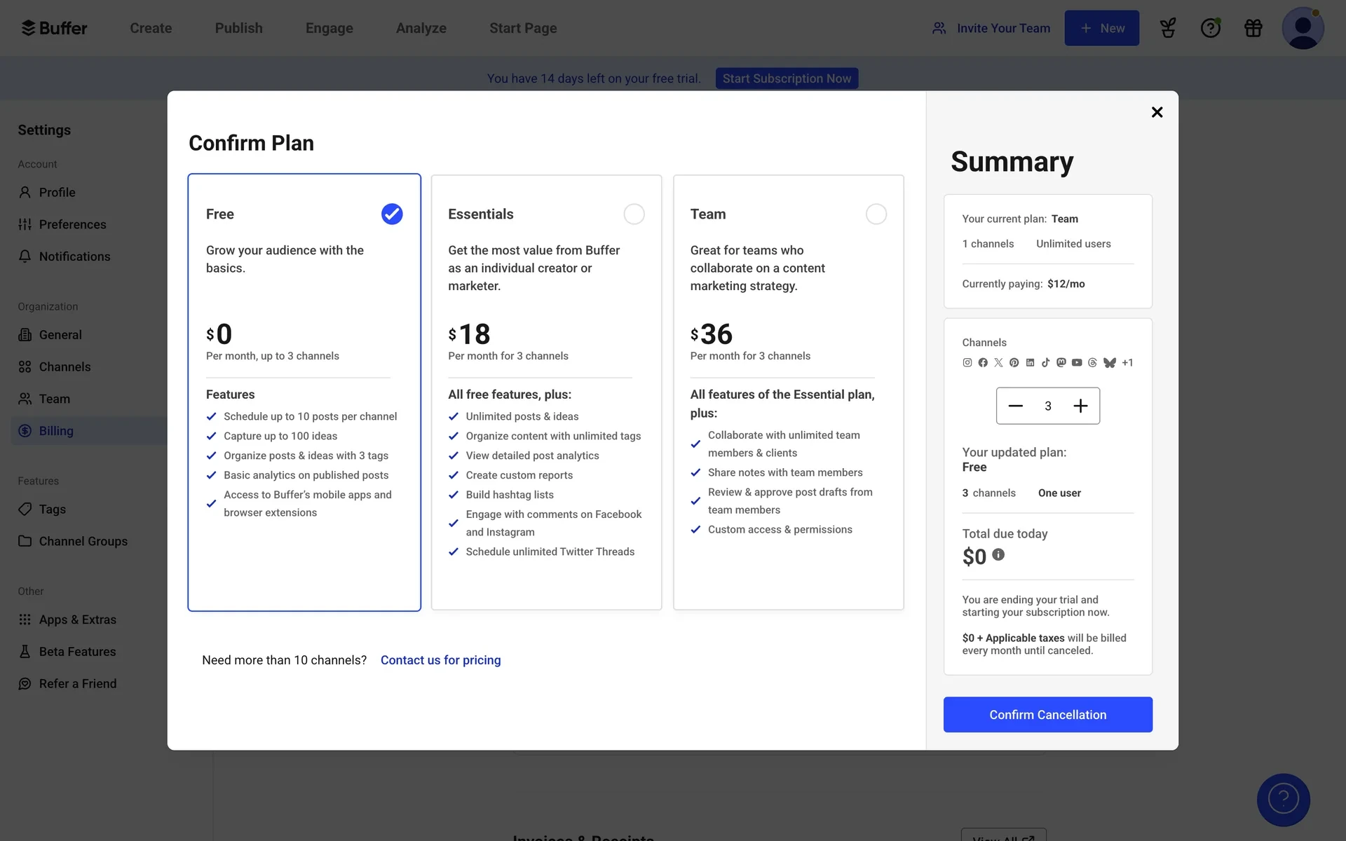 Confirm Plan modal with the Free card selected, Summary showing Total due today $0 and a Confirm Cancellation button
