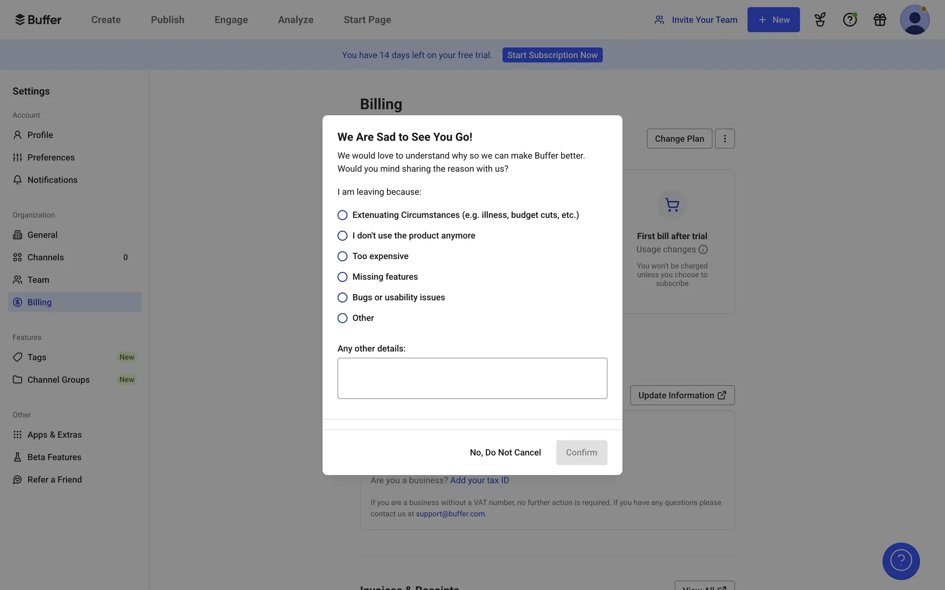 Buffer We Are Sad to See You Go cancellation survey with six radio-button reasons and an Any other details text box