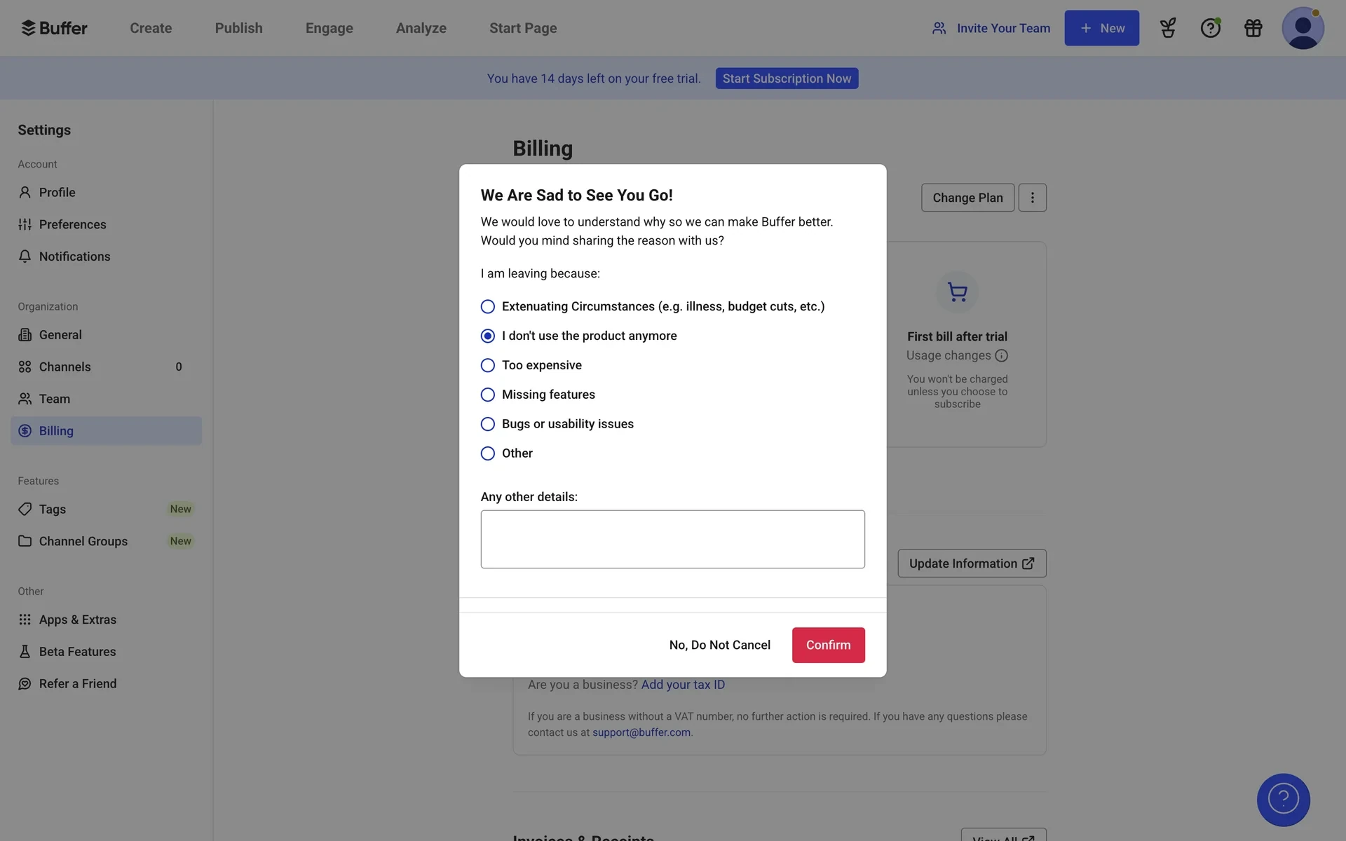 The cancellation survey with a reason selected and the red Confirm button now active next to No, Do Not Cancel