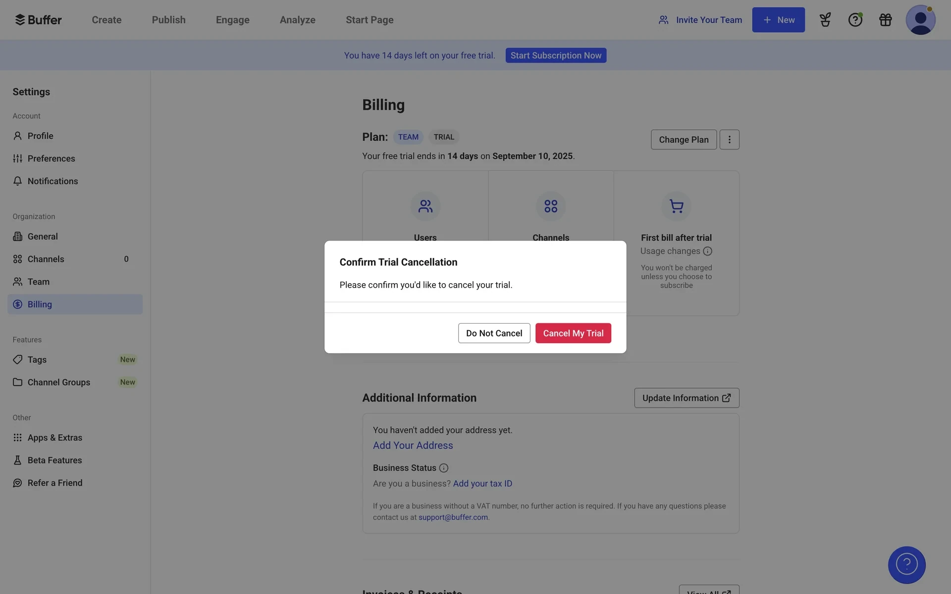 Buffer Confirm Trial Cancellation dialog with Do Not Cancel and Cancel My Trial buttons