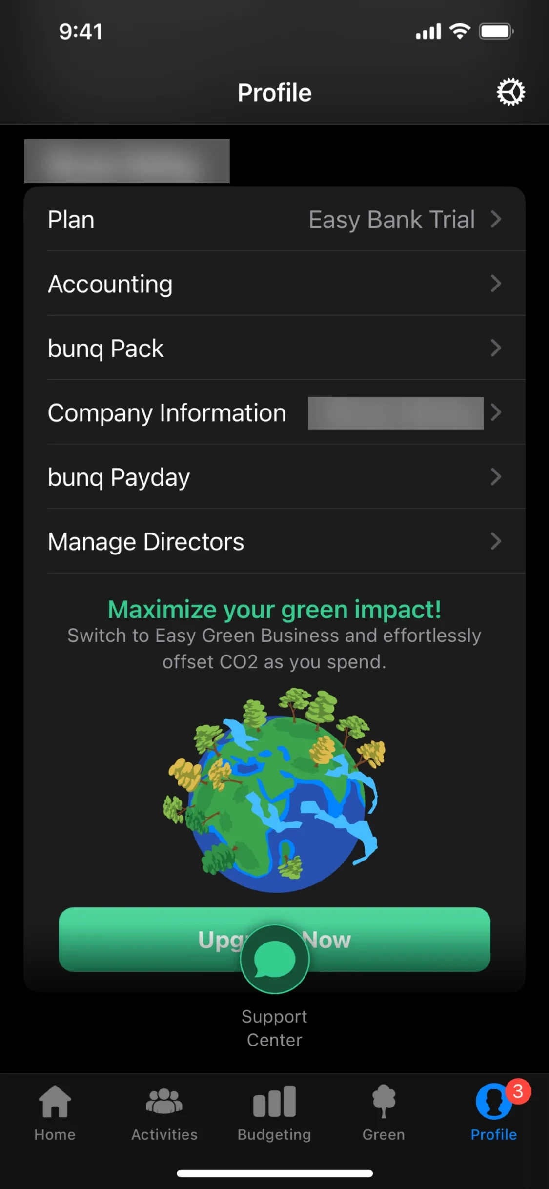 bunq Profile screen captured in 2024 on a business profile, with a Plan row reading Easy Bank Trial (a plan name bunq has since retired), rows for Accounting, bunq Pack, Company Information (blurred), bunq Payday and Manage Directors, and a green Upgrade Now banner pitching Easy Green Business