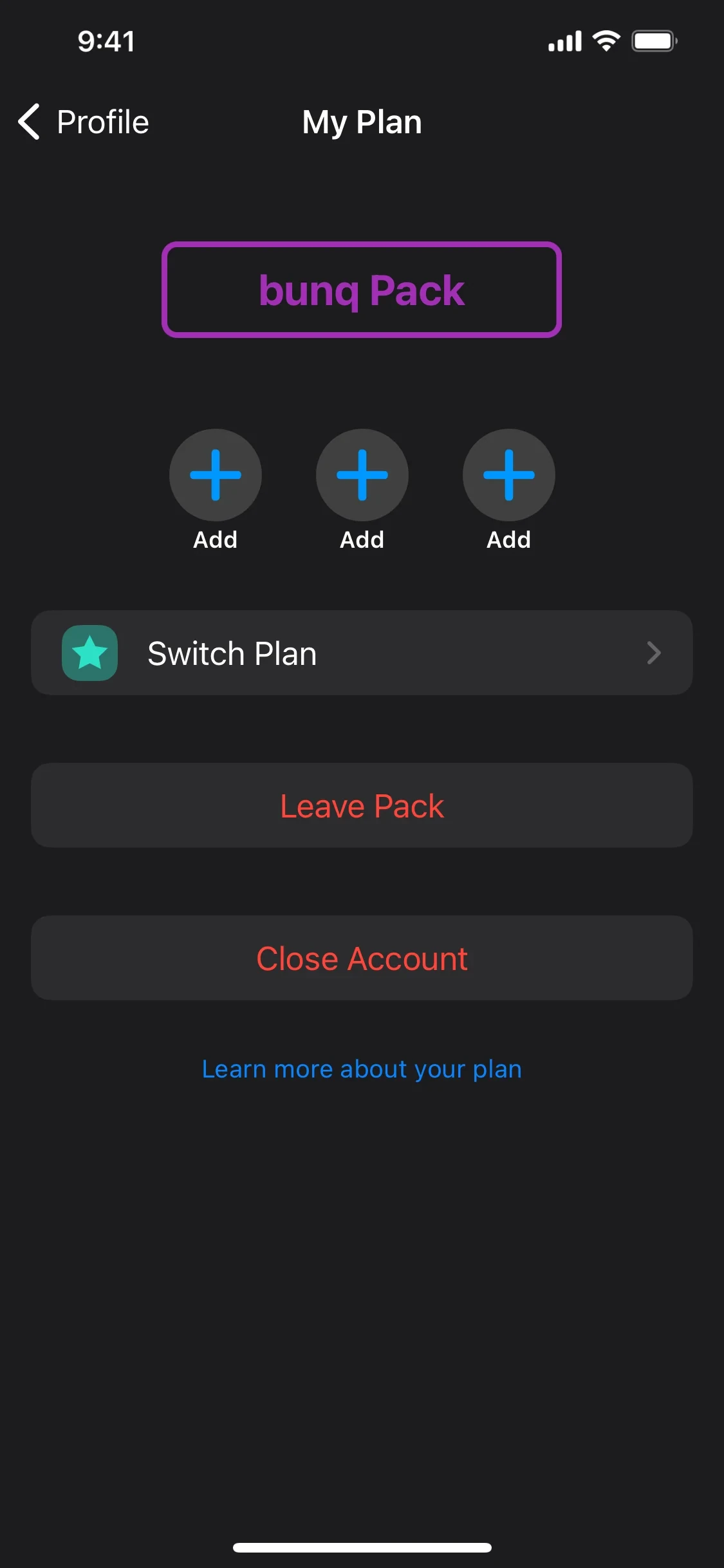 bunq My Plan screen captured in 2024, headed bunq Pack, with three empty Add slots for Pack members, a Switch Plan row with a green star icon, red Leave Pack and Close Account buttons, and a Learn more about your plan link
