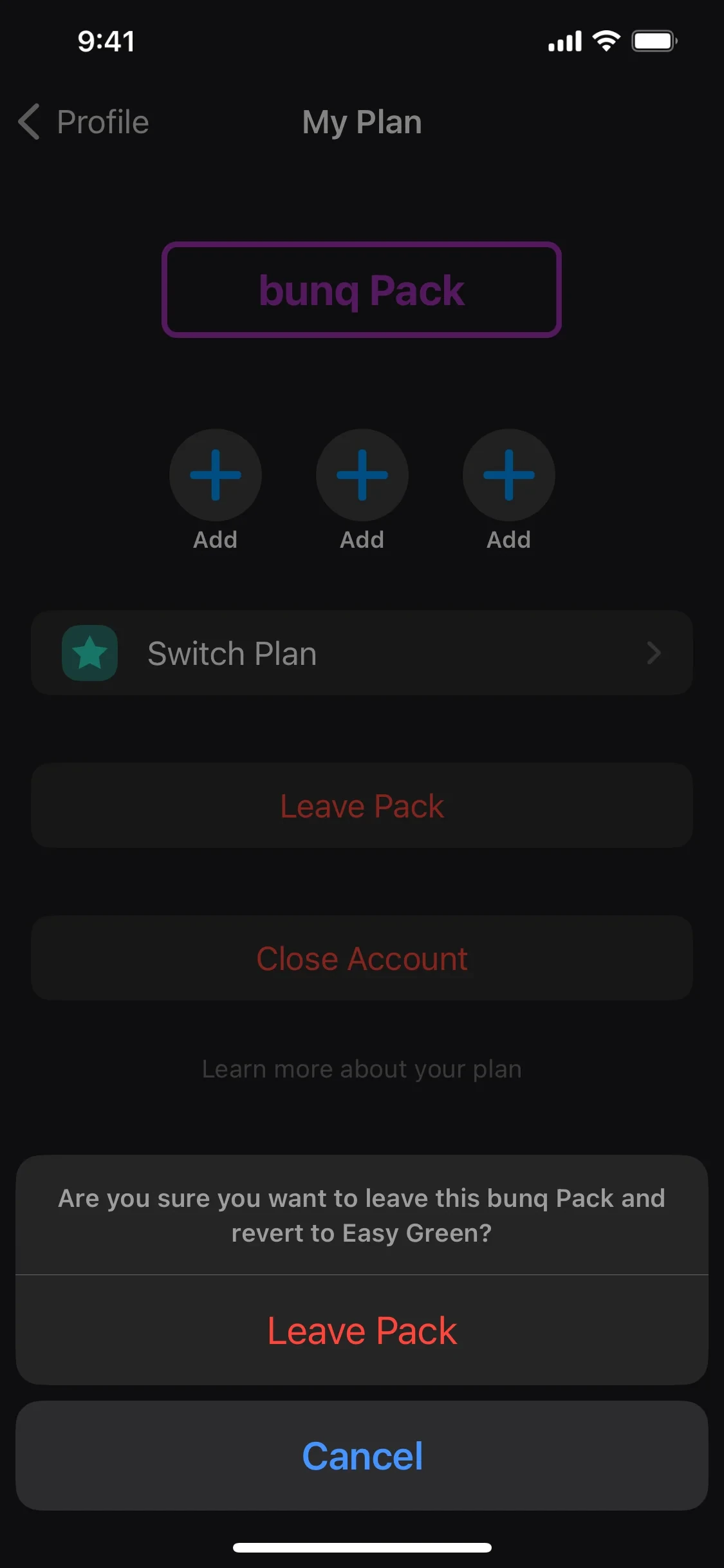 bunq action sheet captured in 2024 asking Are you sure you want to leave this bunq Pack and revert to Easy Green? (a plan name bunq has since retired), with a red Leave Pack button above a blue Cancel button