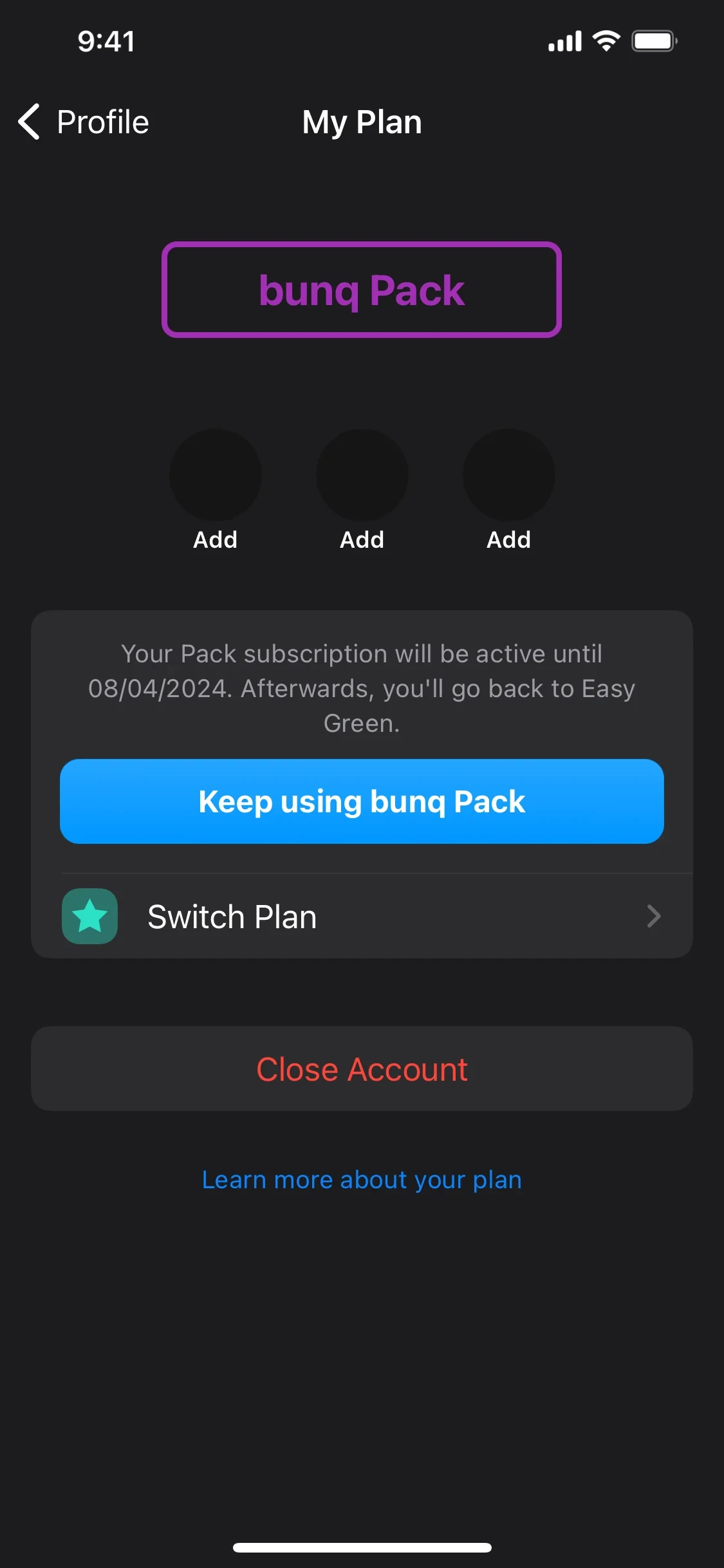 bunq My Plan screen captured in 2024 after leaving a Pack, with the notice Your Pack subscription will be active until 08/04/2024. Afterwards, you'll go back to Easy Green. above a blue Keep using bunq Pack button, a Switch Plan row, and a red Close Account button
