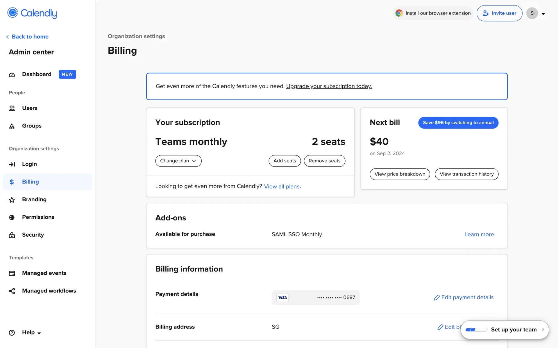 Calendly Admin center Billing page showing Teams monthly with 2 seats, Change plan button, Add seats and Remove seats, and Next bill amount