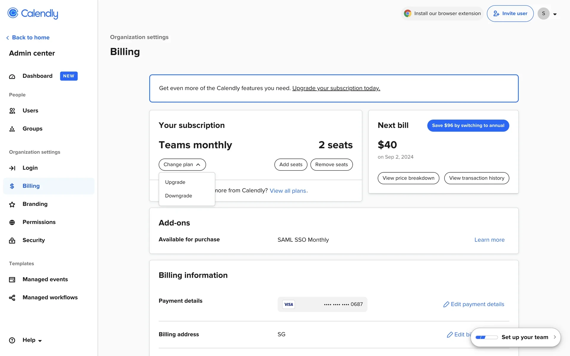 Calendly Billing page with Change plan dropdown open showing Upgrade and Downgrade options above Teams monthly