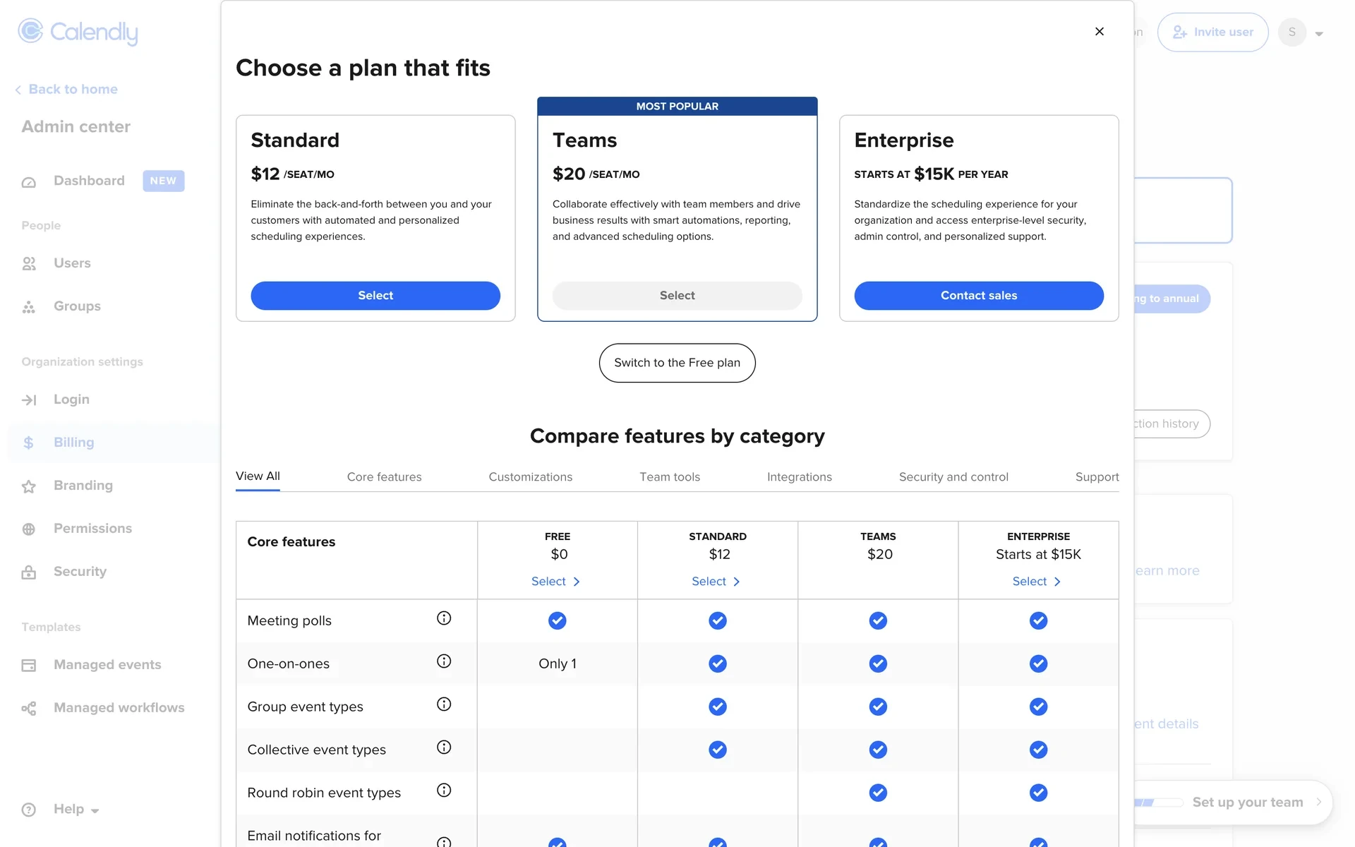 Calendly Choose a plan that fits modal with Standard, Teams, and Enterprise cards plus a Switch to the Free plan button under Compare features by category