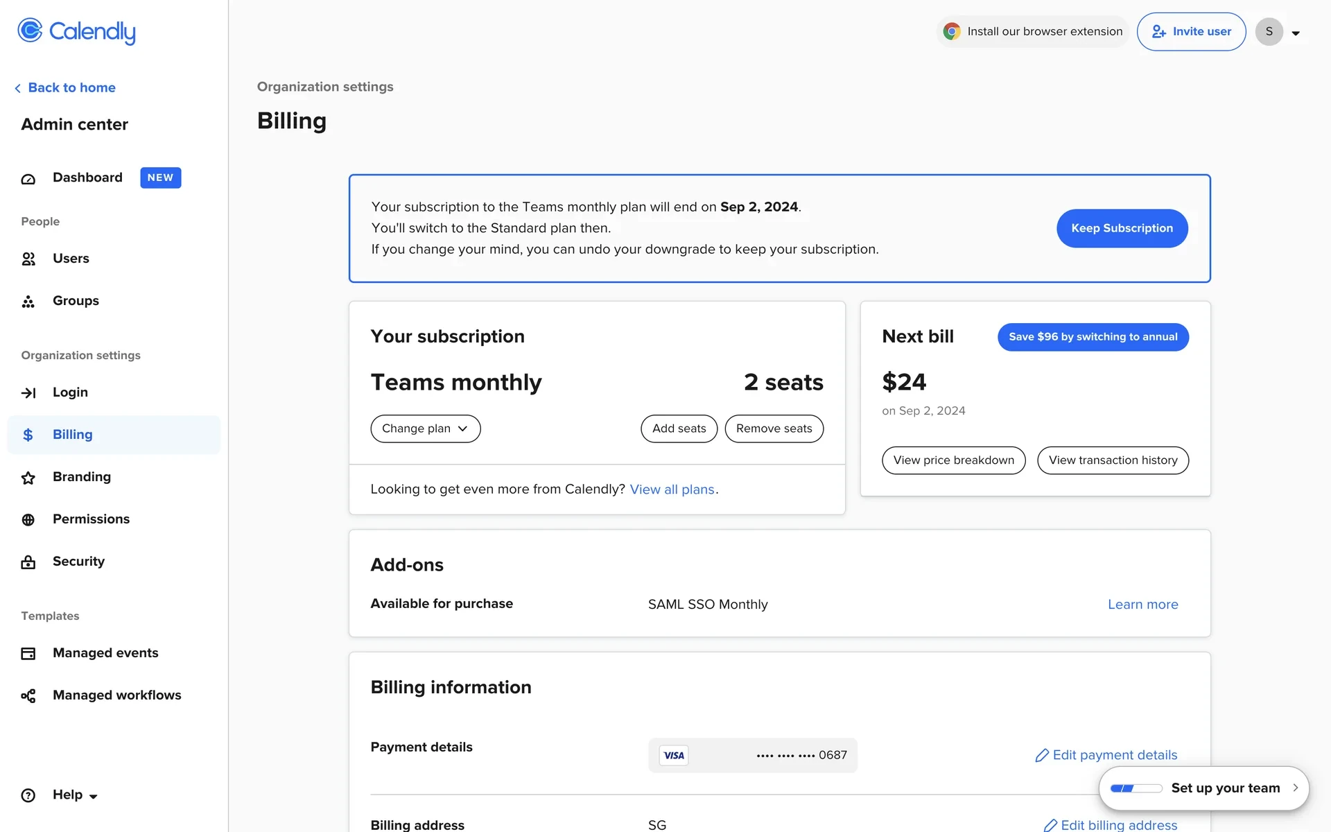Calendly Billing pending banner stating Teams monthly ends on a date with Keep Subscription; captured session shows Standard as the target plan — Free cancel uses the same banner pattern with Free as the destination
