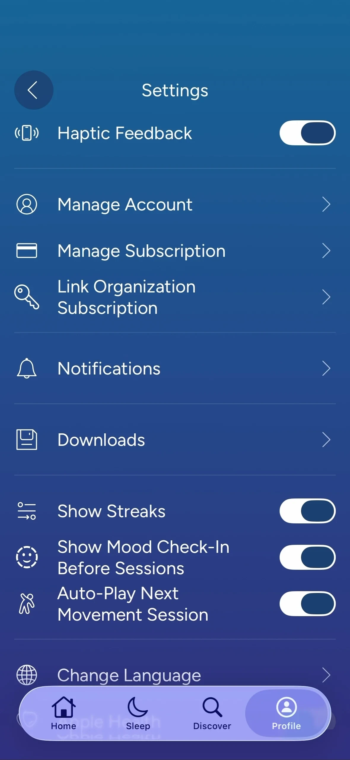 Calm app Settings screen listing Manage Account, Manage Subscription, Link Organization Subscription, Notifications, and Downloads, with toggles for Show Streaks and Mood Check-In
