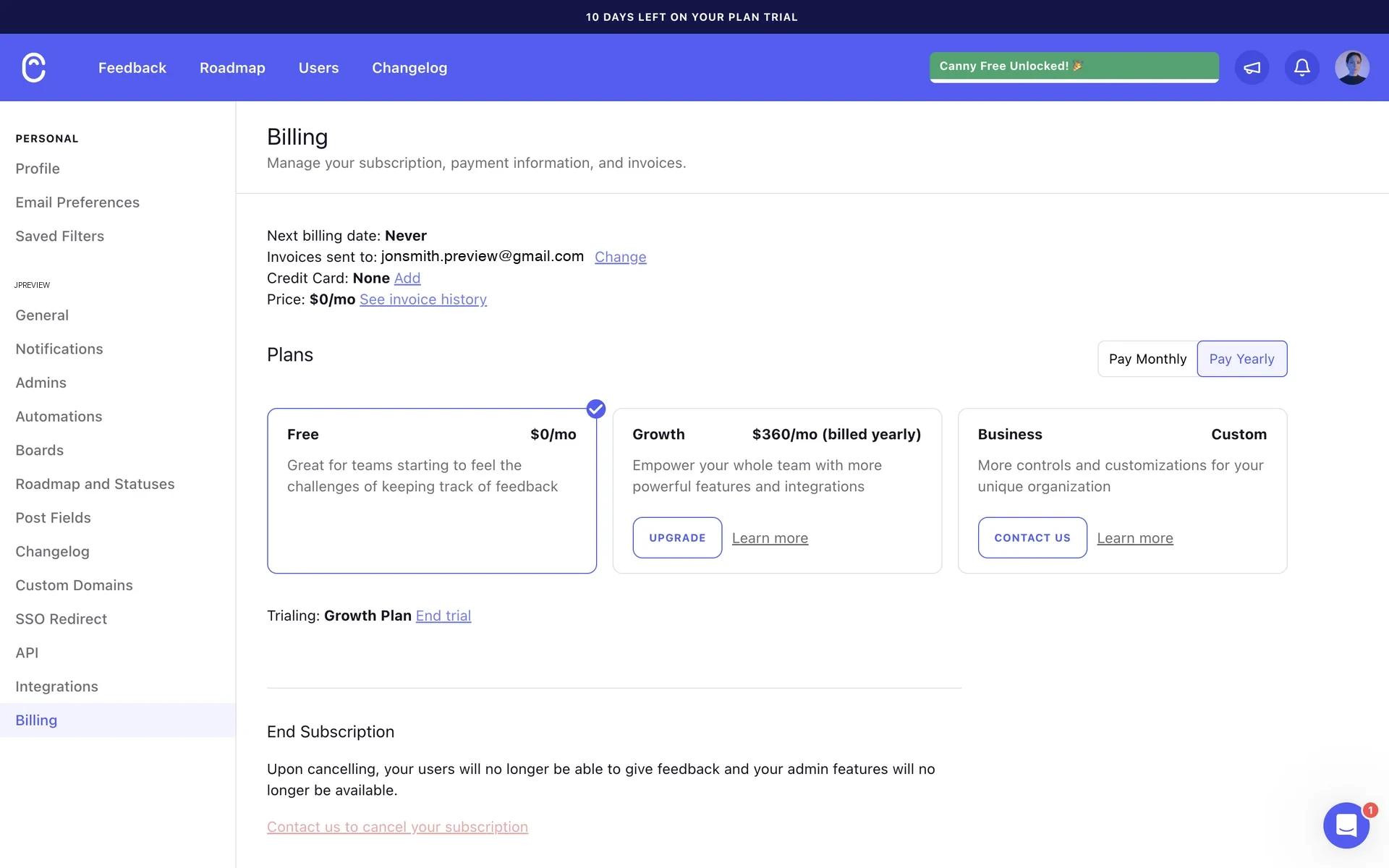 Canny Billing page showing the Free plan selected, Growth Plan trial with "End trial" link, plan cards for Free ($0/mo), Growth ($360/mo billed yearly), and Business (Custom), and the End Subscription section at the bottom