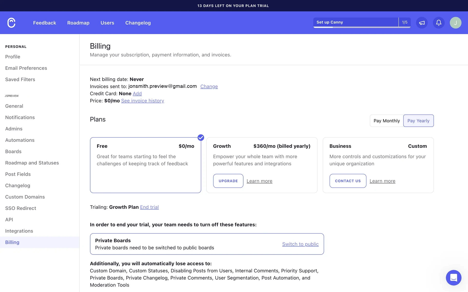 Canny Billing page after clicking End trial, showing a feature blocker: "Private Boards — Private boards need to be switched to public boards" with a "Switch to public" link, and a list of features that will be automatically lost