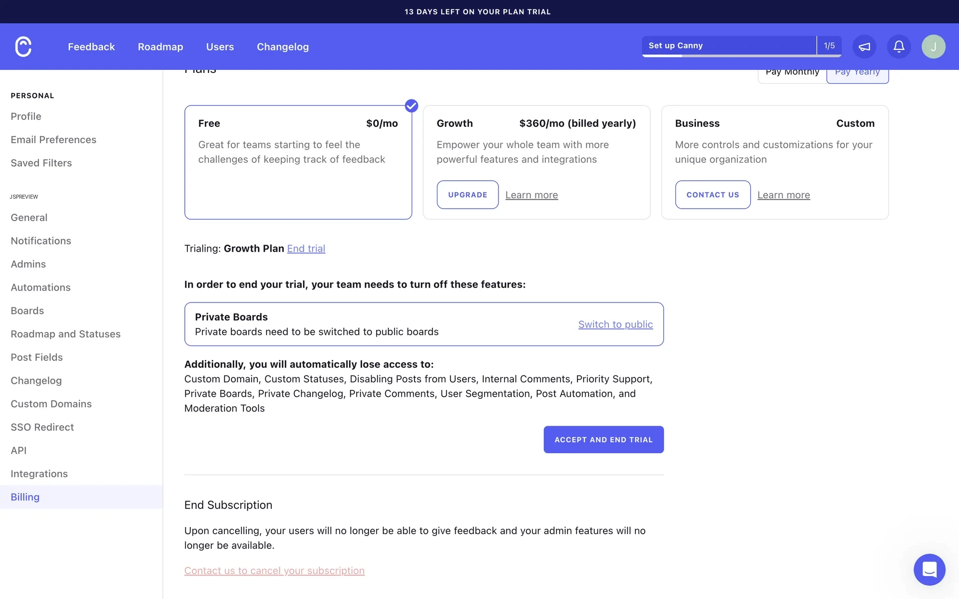 Scrolled view of the Billing page showing the Private Boards blocker with "Switch to public" link, the full list of features to lose, and the purple "ACCEPT AND END TRIAL" button below