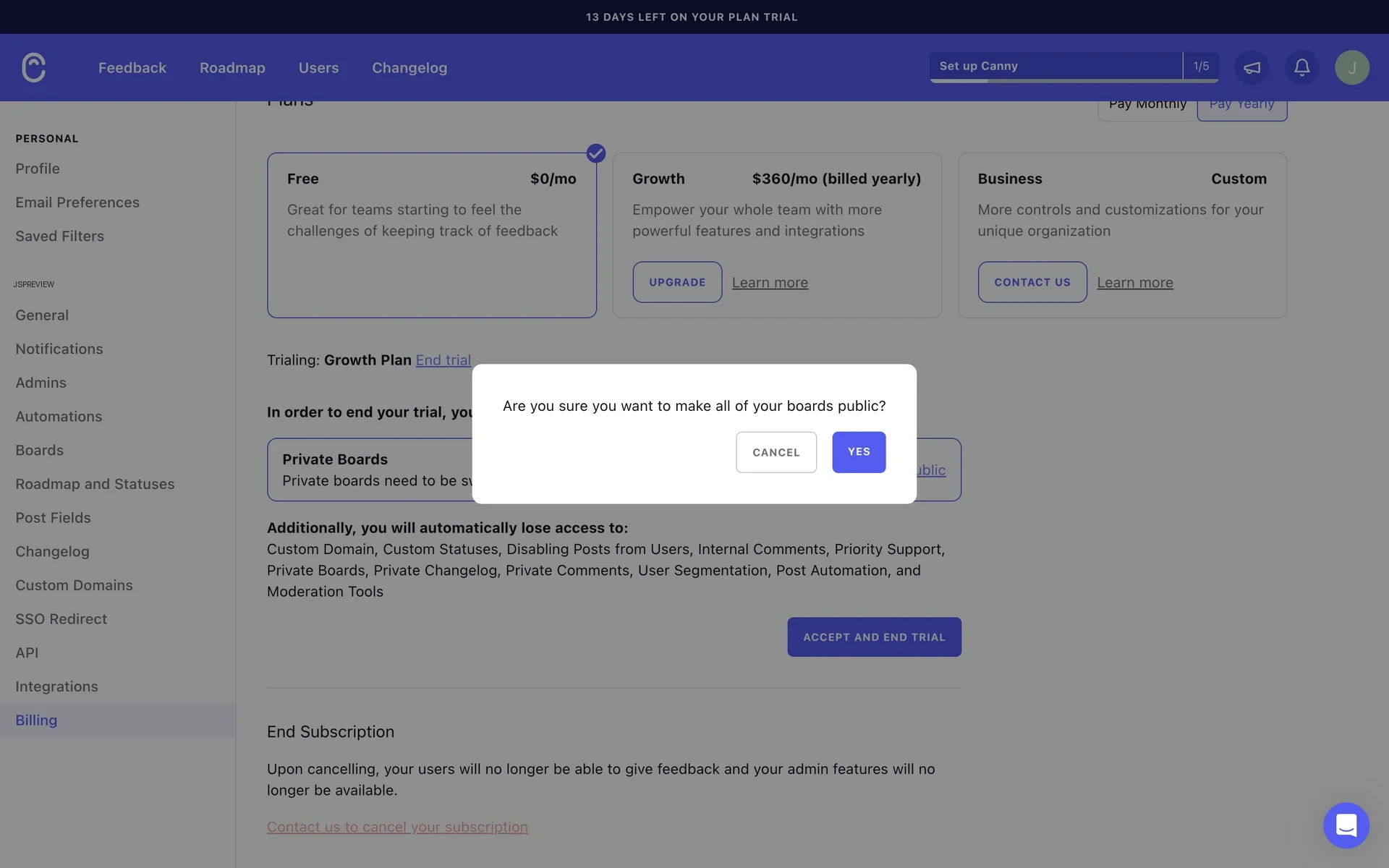 Confirmation dialog over the Billing page asking "Are you sure you want to make all of your boards public?" with Cancel and Yes buttons