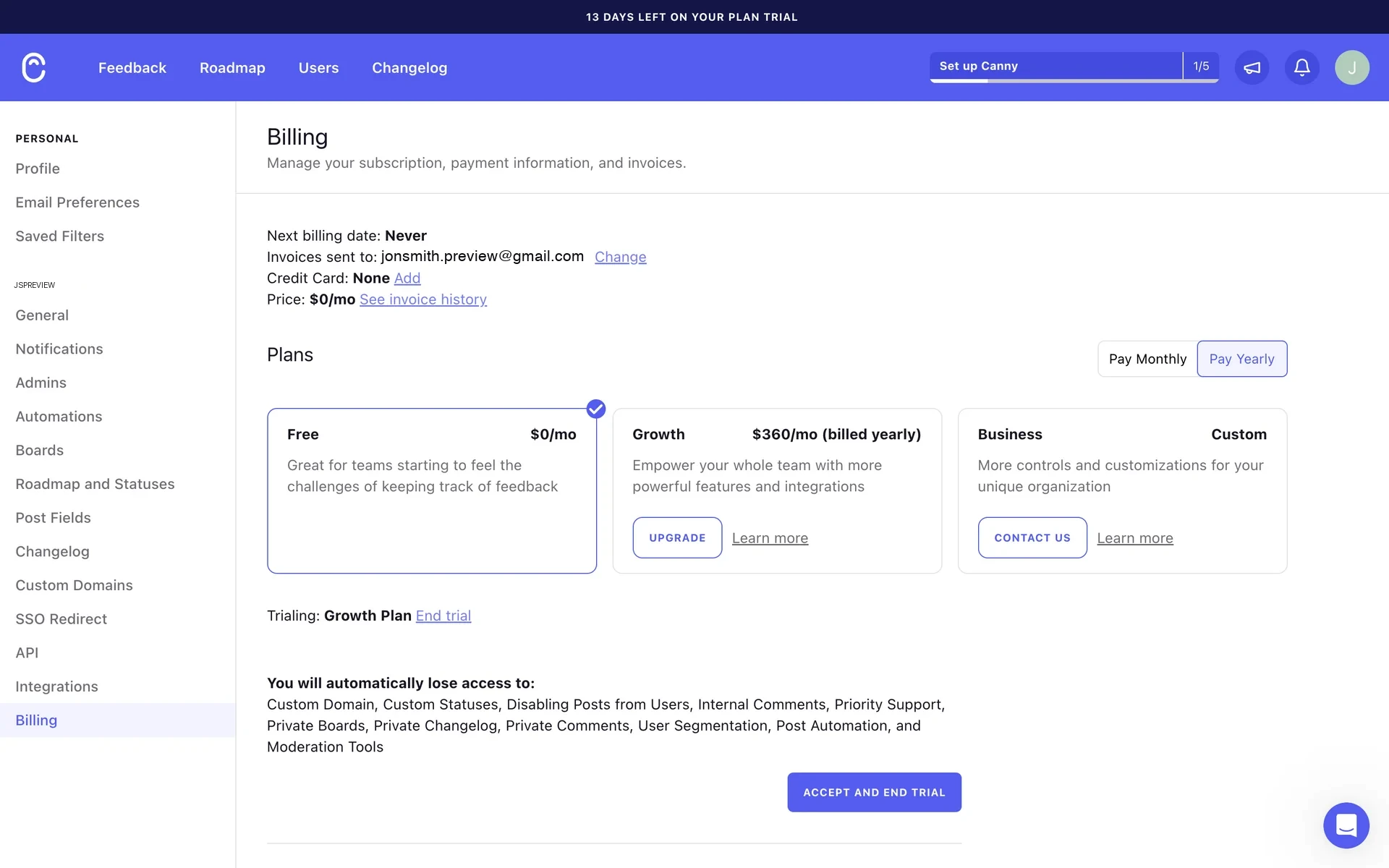 Canny Billing page showing the resolved state with a "You will automatically lose access to" feature list and the purple "ACCEPT AND END TRIAL" button