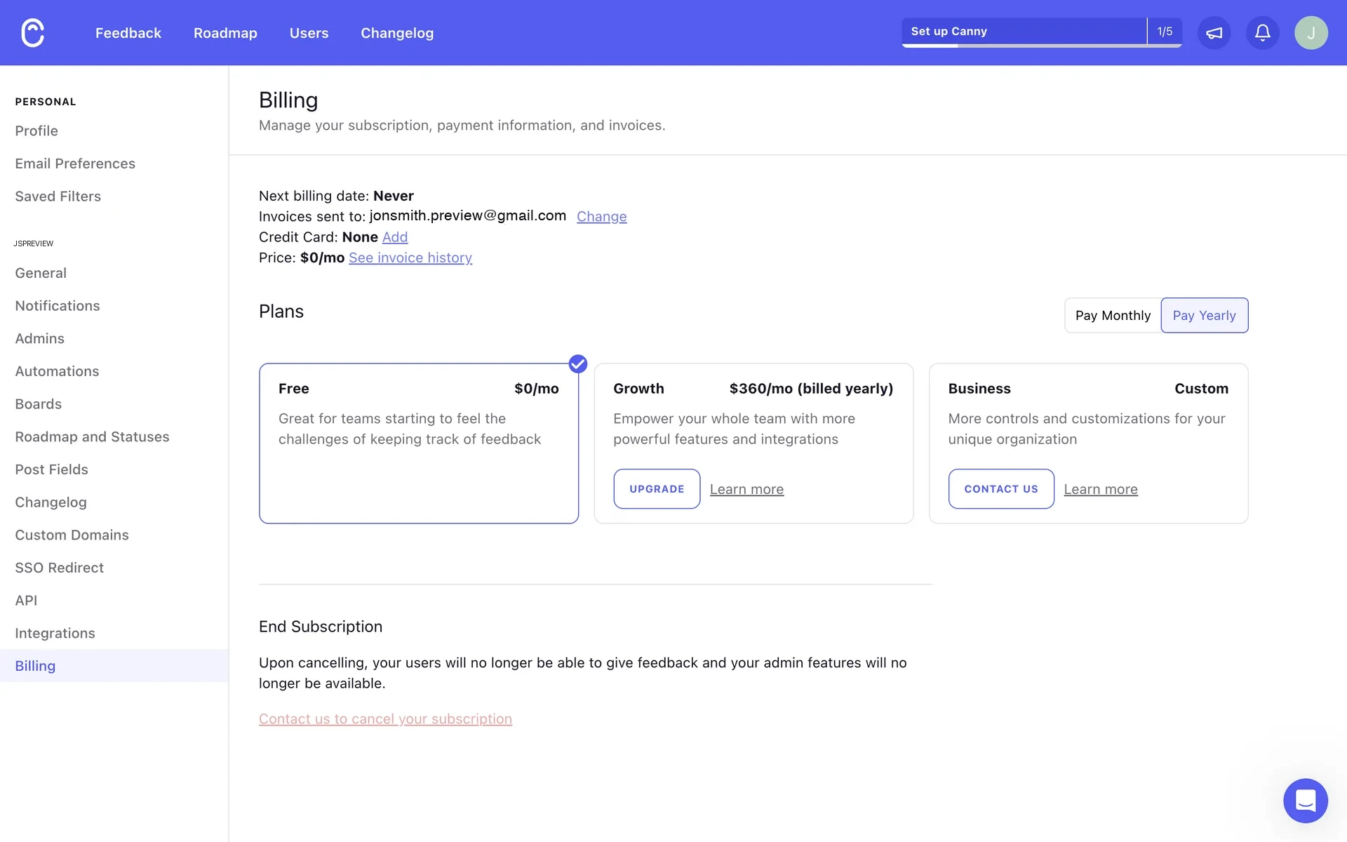 Canny Billing page showing the Free plan selected with a checkmark, no trial banner, and the End Subscription section at the bottom