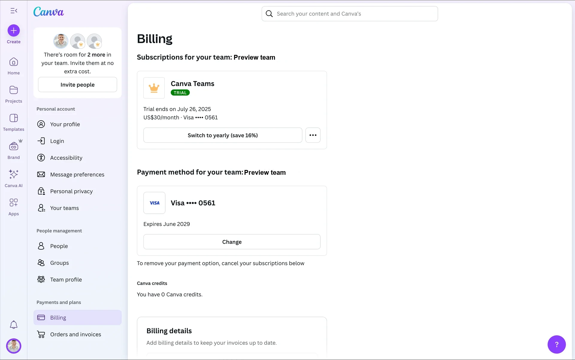 Canva Billing page showing the active Canva Teams plan with the Switch to yearly button and the three-dot menu button next to the subscription card