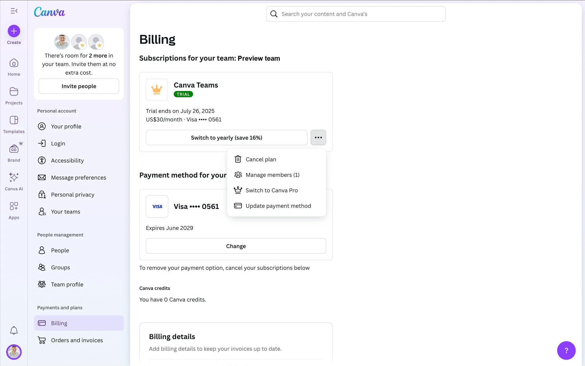 Three-dot menu open on the Canva Billing page showing Cancel plan, Manage members, Switch to Canva Pro, and Update payment method options