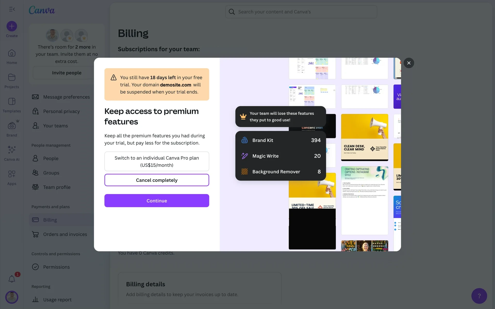 Canva "Keep access to premium features" save offer with "Cancel completely" selected and a purple Continue button, alongside a "Switch to an individual Canva Pro plan (US$15/month)" downsell