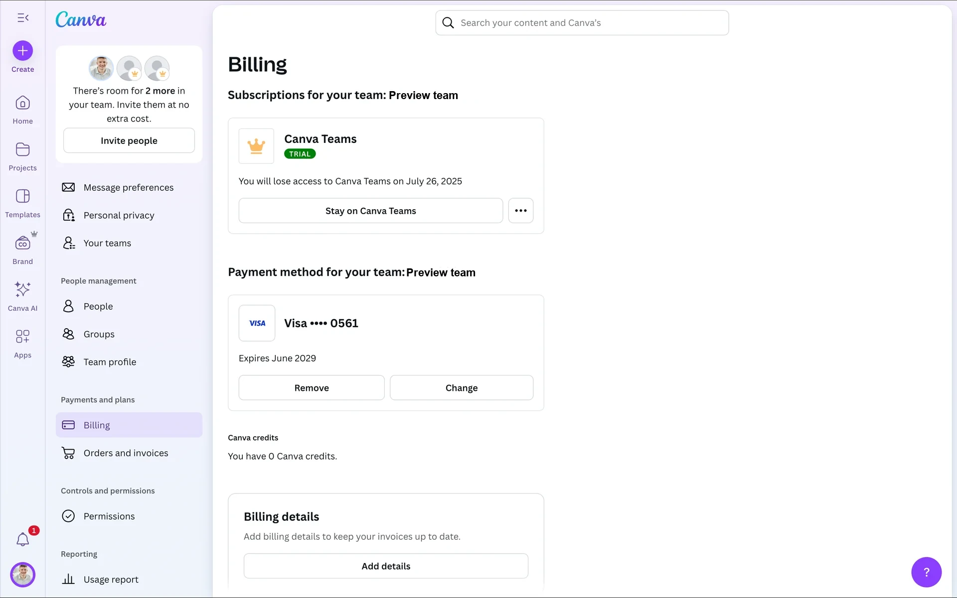 Canva Billing page after cancellation showing "You will lose access to Canva Teams on July 26, 2025" with a Stay on Canva Teams button and a Remove payment method option