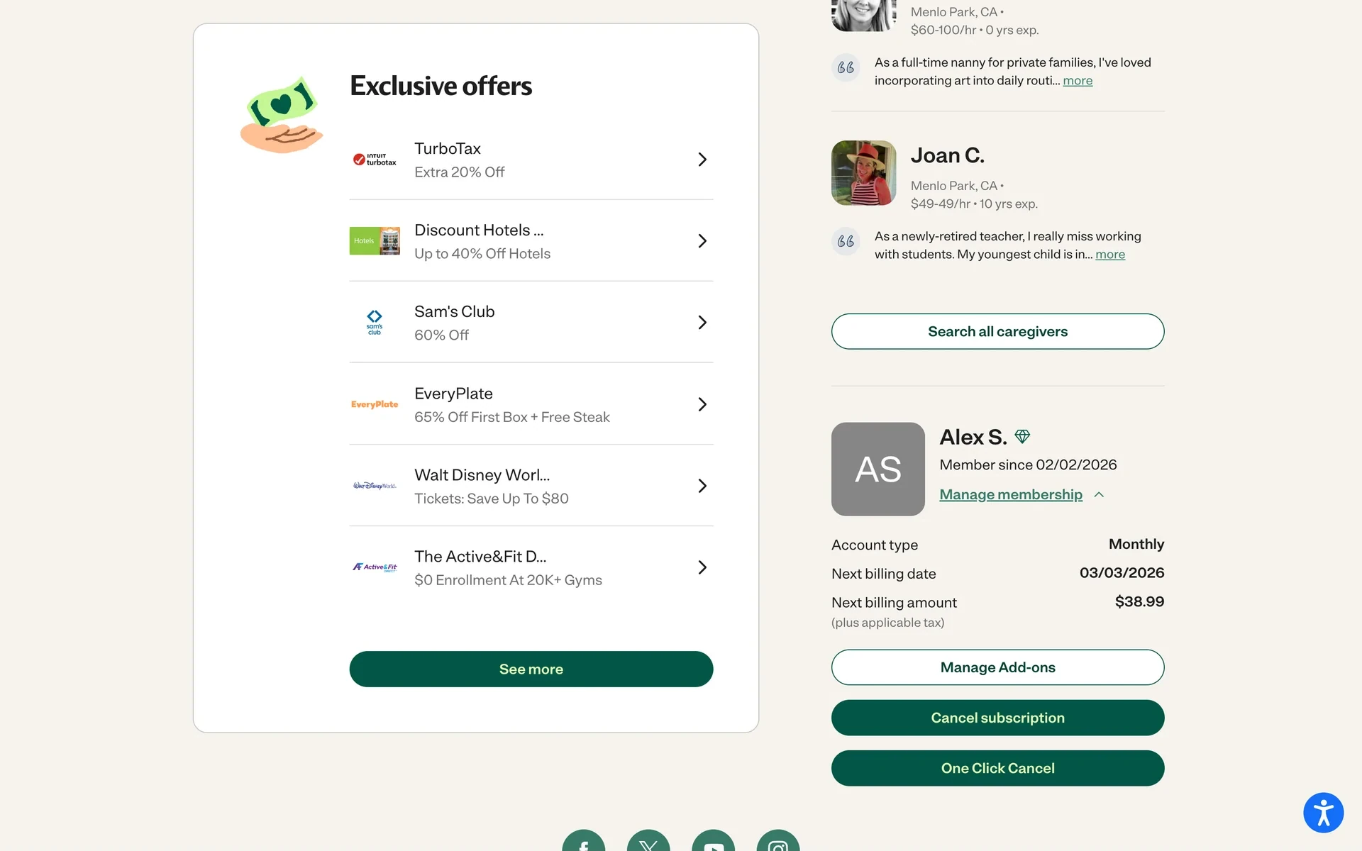 Care.com Manage membership panel showing account type Monthly, next billing date and amount, with Cancel subscription and One Click Cancel buttons