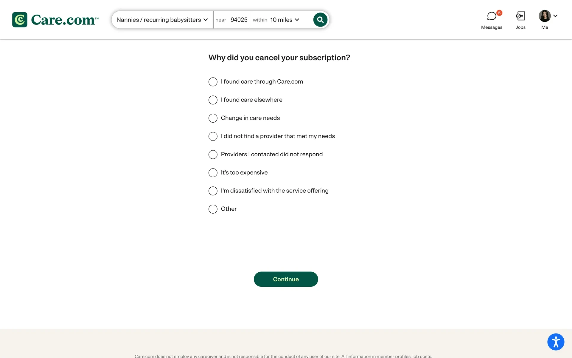 Care.com Why did you cancel your subscription survey with radio options including found care, too expensive, dissatisfied, and Other