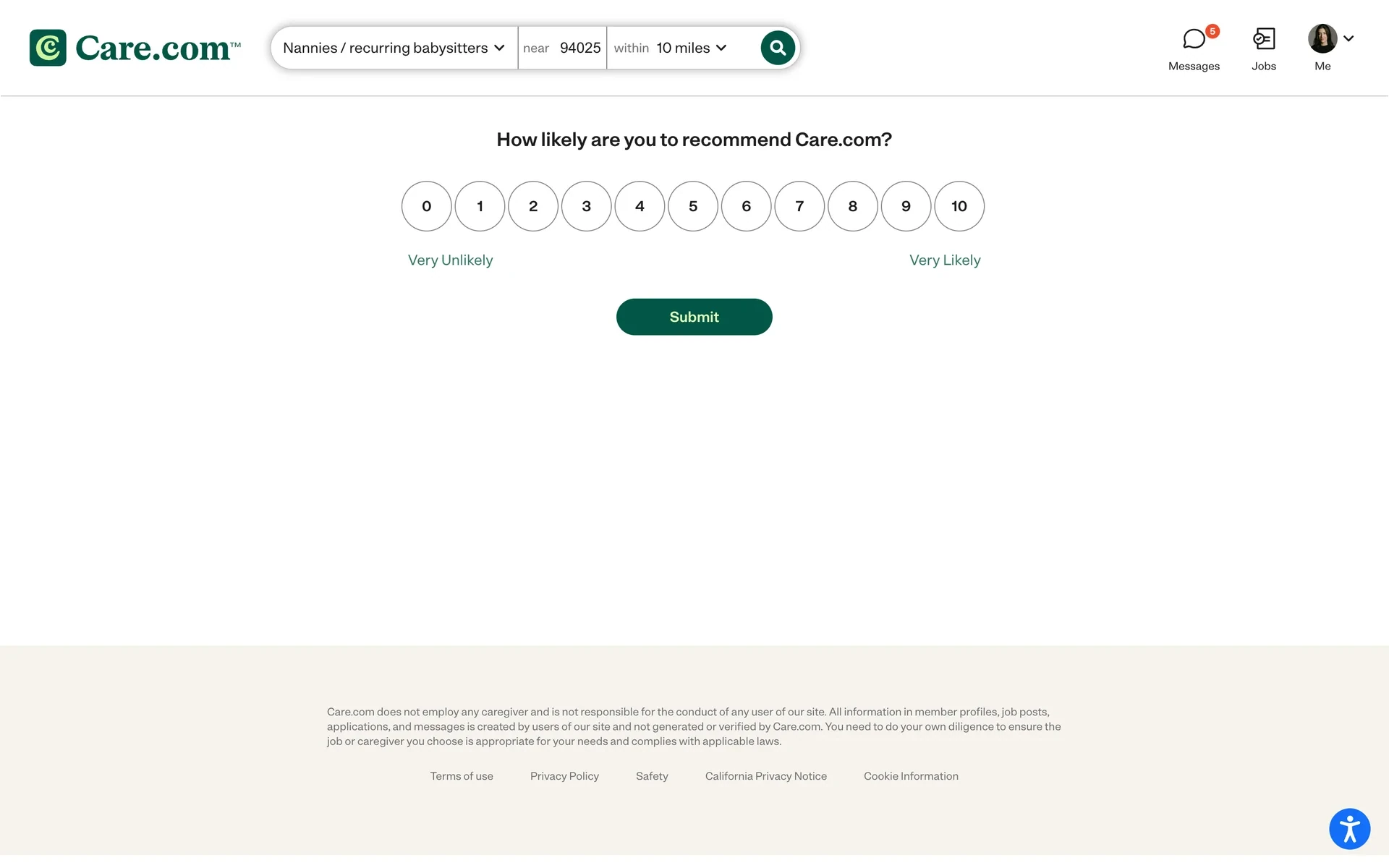 Care.com How likely are you to recommend survey with a 0 to 10 rating scale and a Submit button