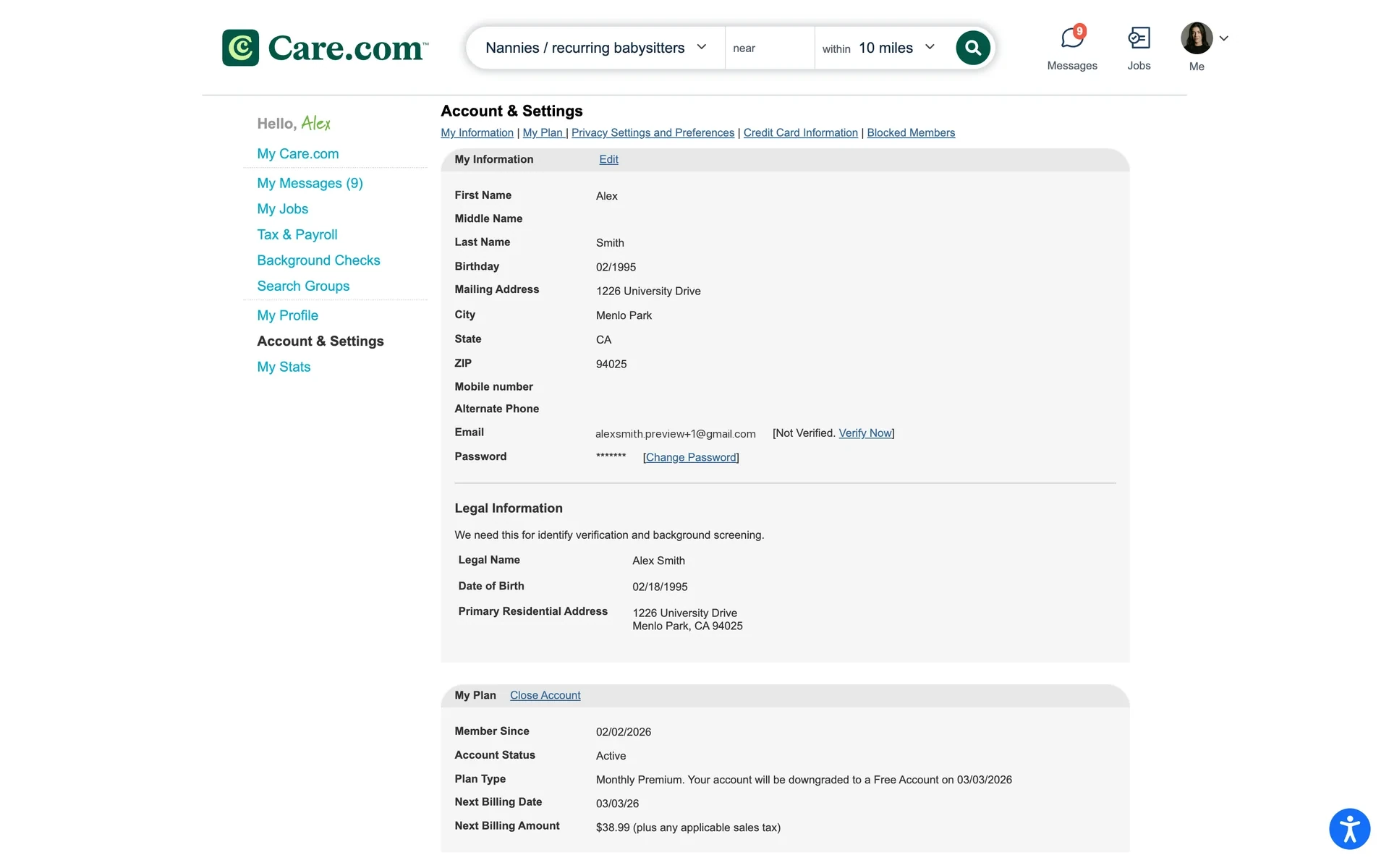 Care.com Account & Settings page with the My Plan section showing Monthly Premium, account status Active, and the next billing amount of $38.99