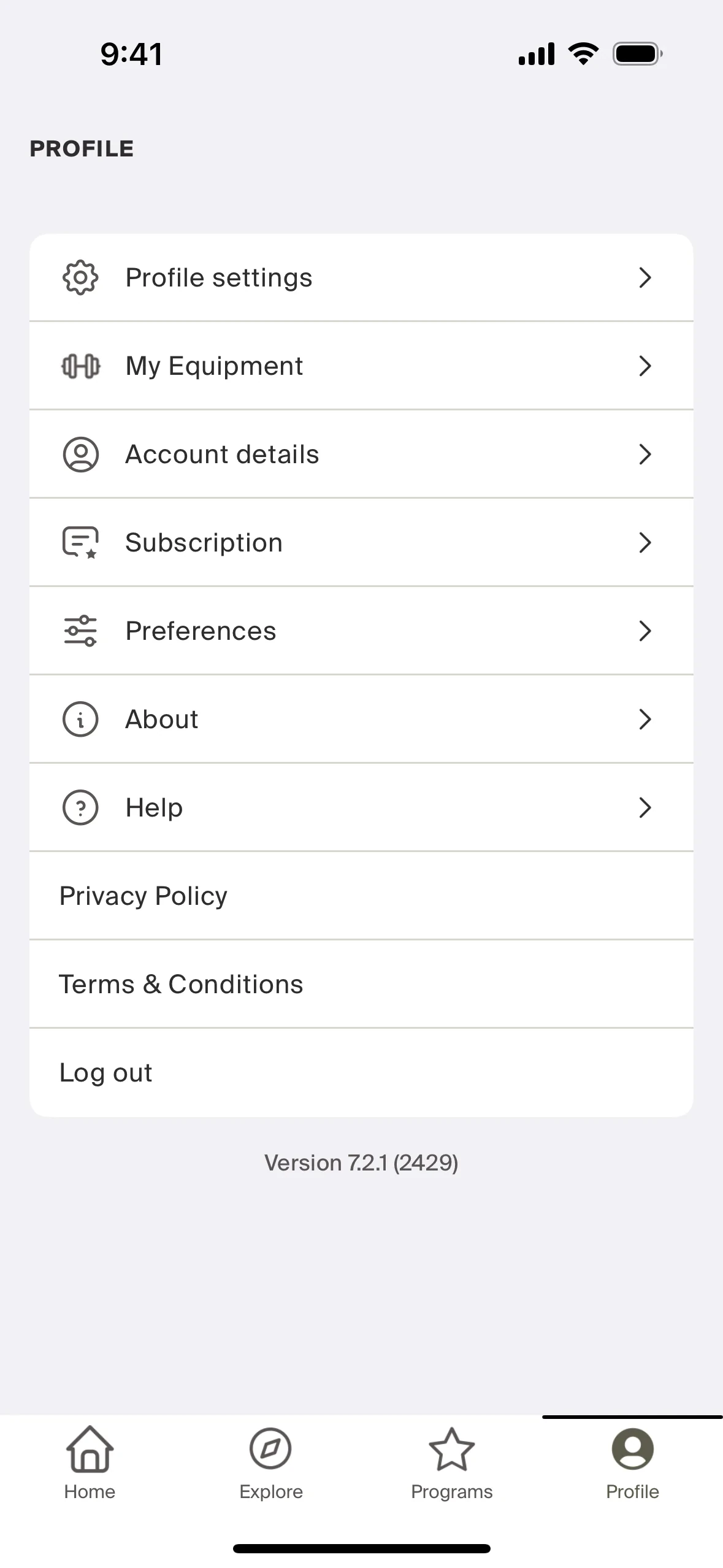 Centr iOS Profile screen listing Profile settings, My Equipment, Account details, Subscription, Preferences, About, Help, and Log out rows